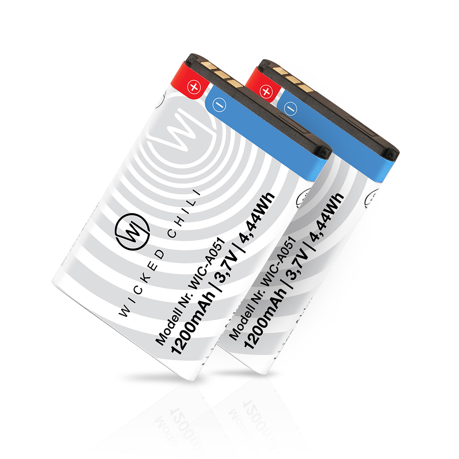 Zwei weiße Batterien mit blauen und roten Akzenten. Text: 'Wicked Chili', '1200mAh' und '3,7V'.