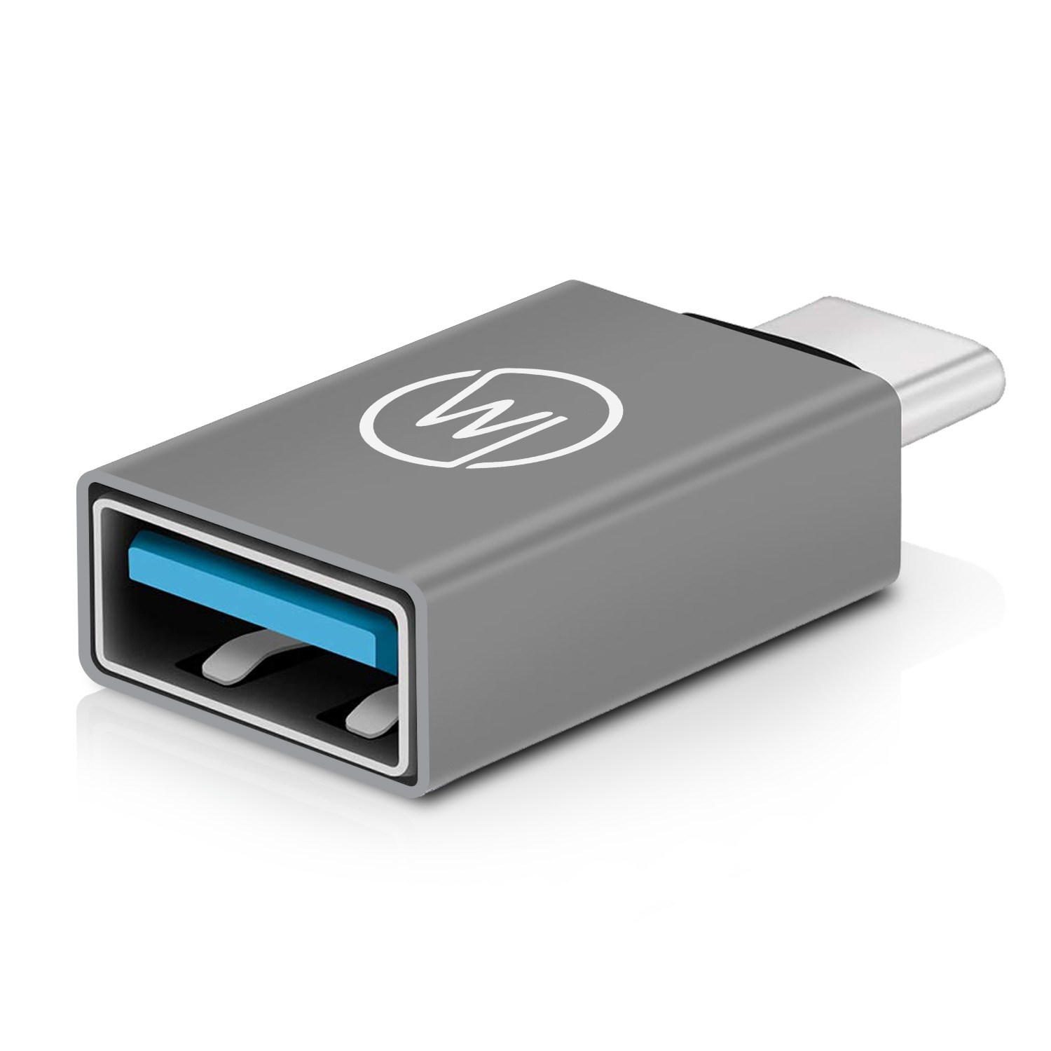 Grauer USB-C-zu-USB-A-Adapter. Hat ein weißes Logo. Der USB-A-Anschluss ist blau.