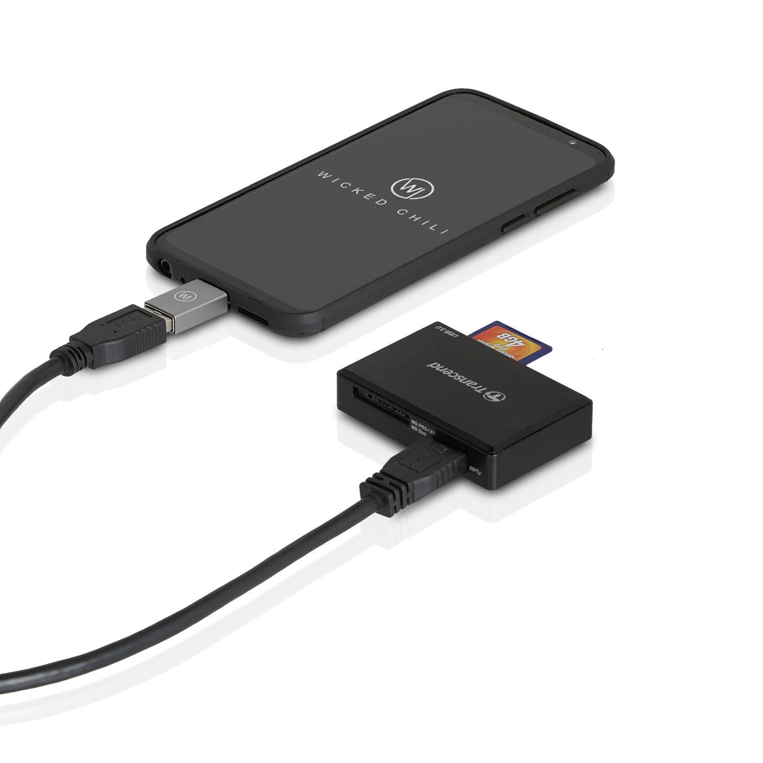 Schwarzes Telefon mit einem schwarzen Kartenleser über ein USB-Kabel verbunden.