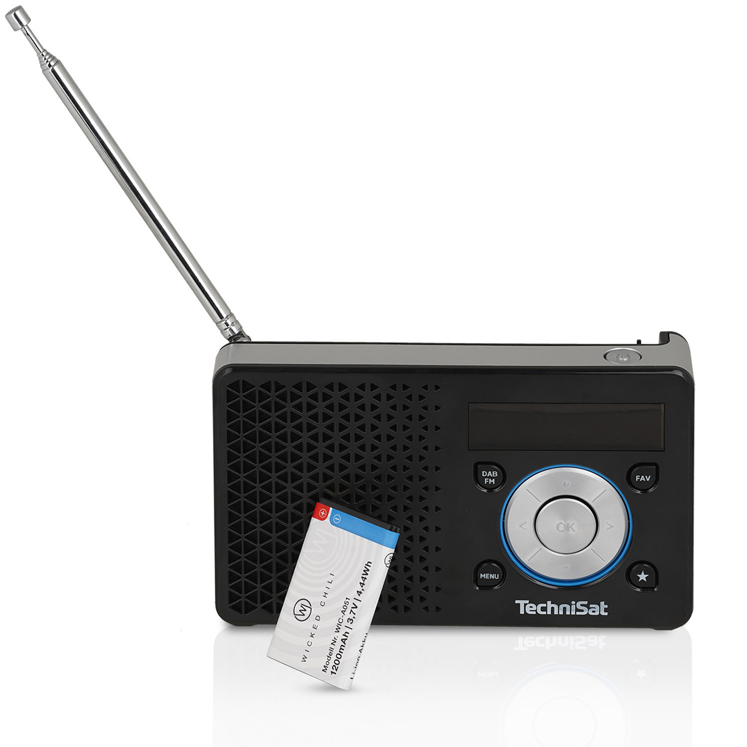 Schwarzes Radio mit Antenne und Karte. Knöpfe: DAR, FM, FAV, MENU, OK.