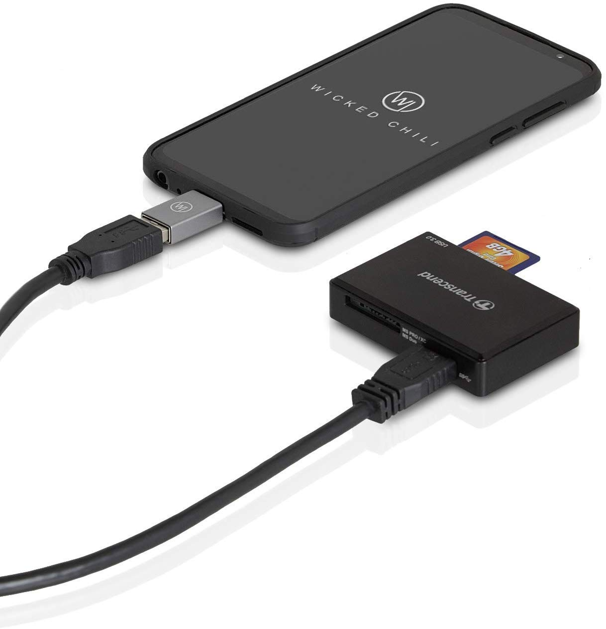 Ein Telefon, das mit einem Kartenleser und einem schwarzen USB-Kabel verbunden ist. Das Telefon zeigt Logo.