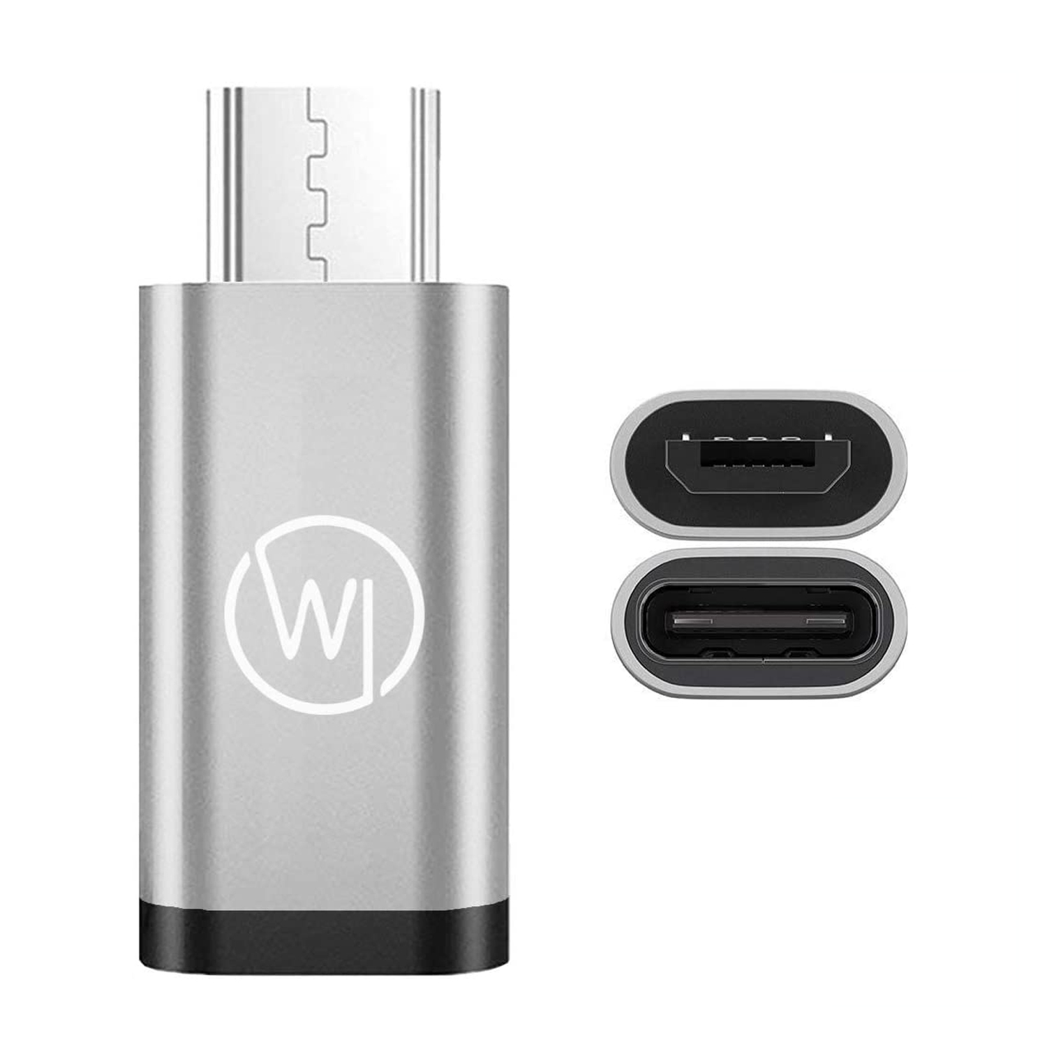 Silberner USB-C-Adapter mit Wi-Fi-Logo. Zwei Ansichten: Vorderseite mit Logo und Seite mit Stecker.