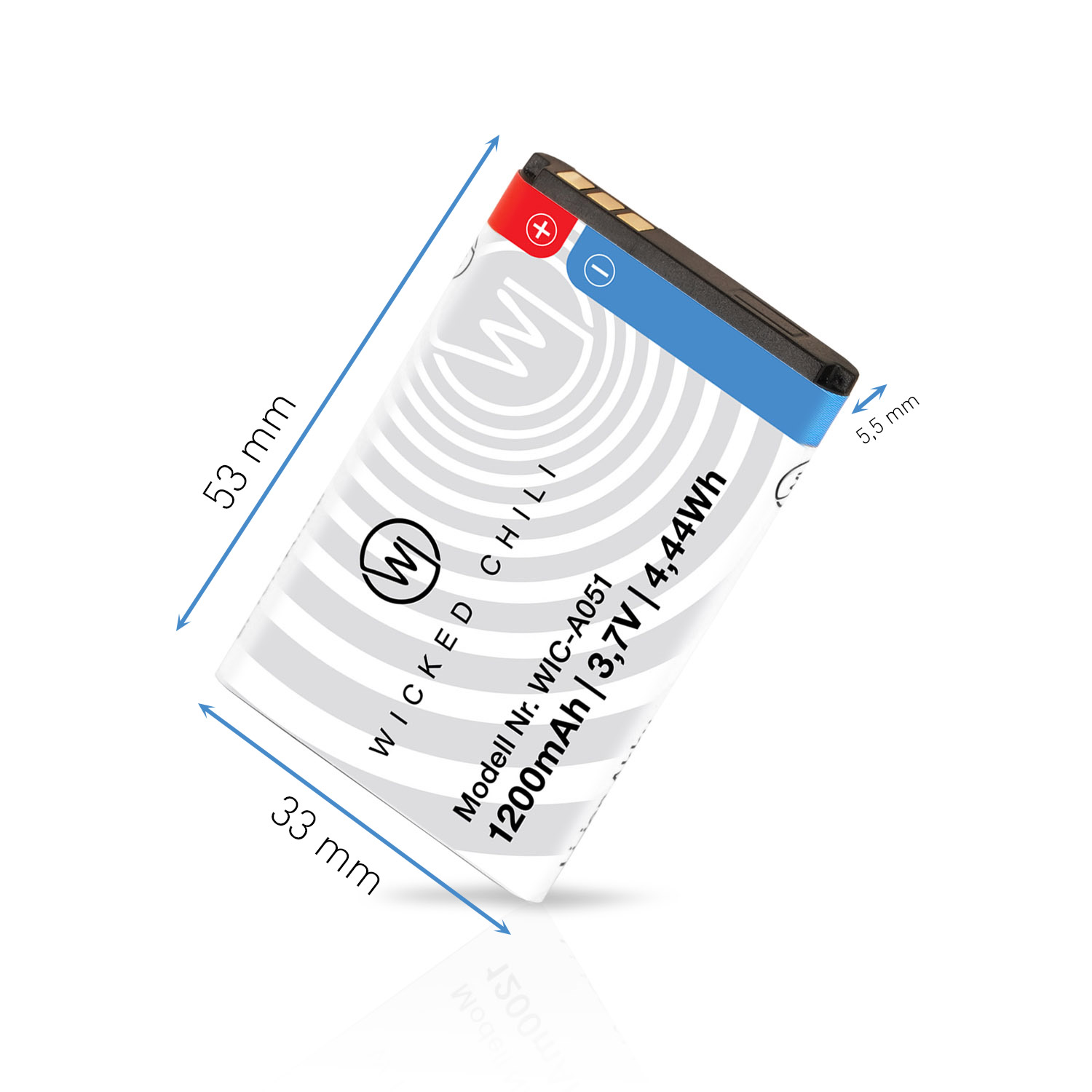 Weiß-blaues Wicked Chili Akku-Pack mit Text. Zeigt die Abmessungen: 53mm x 33mm x 5,5mm.