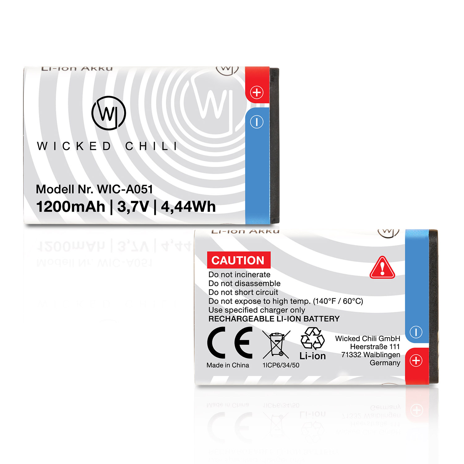 Batteriepack mit Etiketten und Warnhinweisen. Text: Wiederaufladbare Li-Ion Batterie.