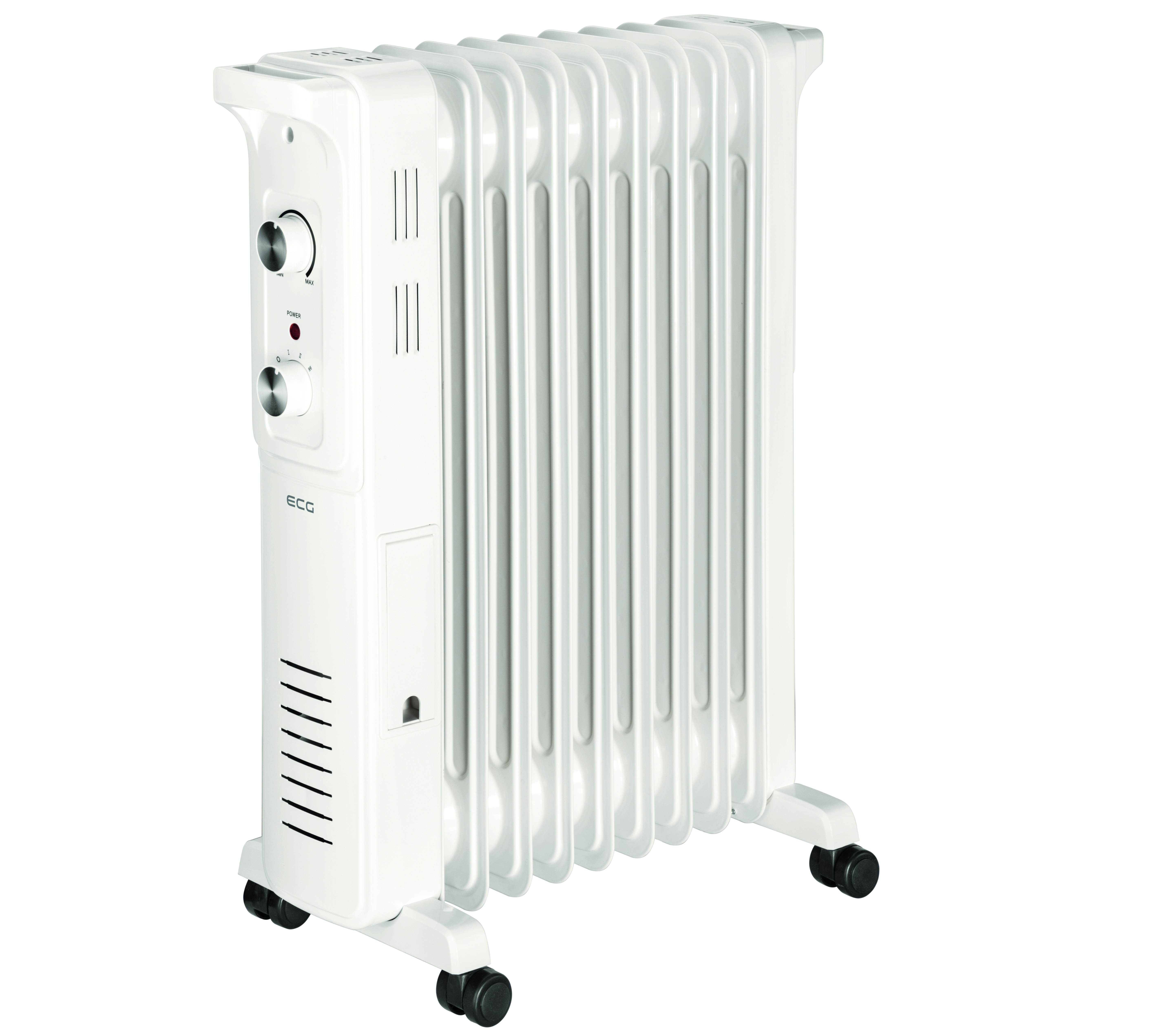 Biały grzejnik olejowy z elementami sterującymi i kółkami.