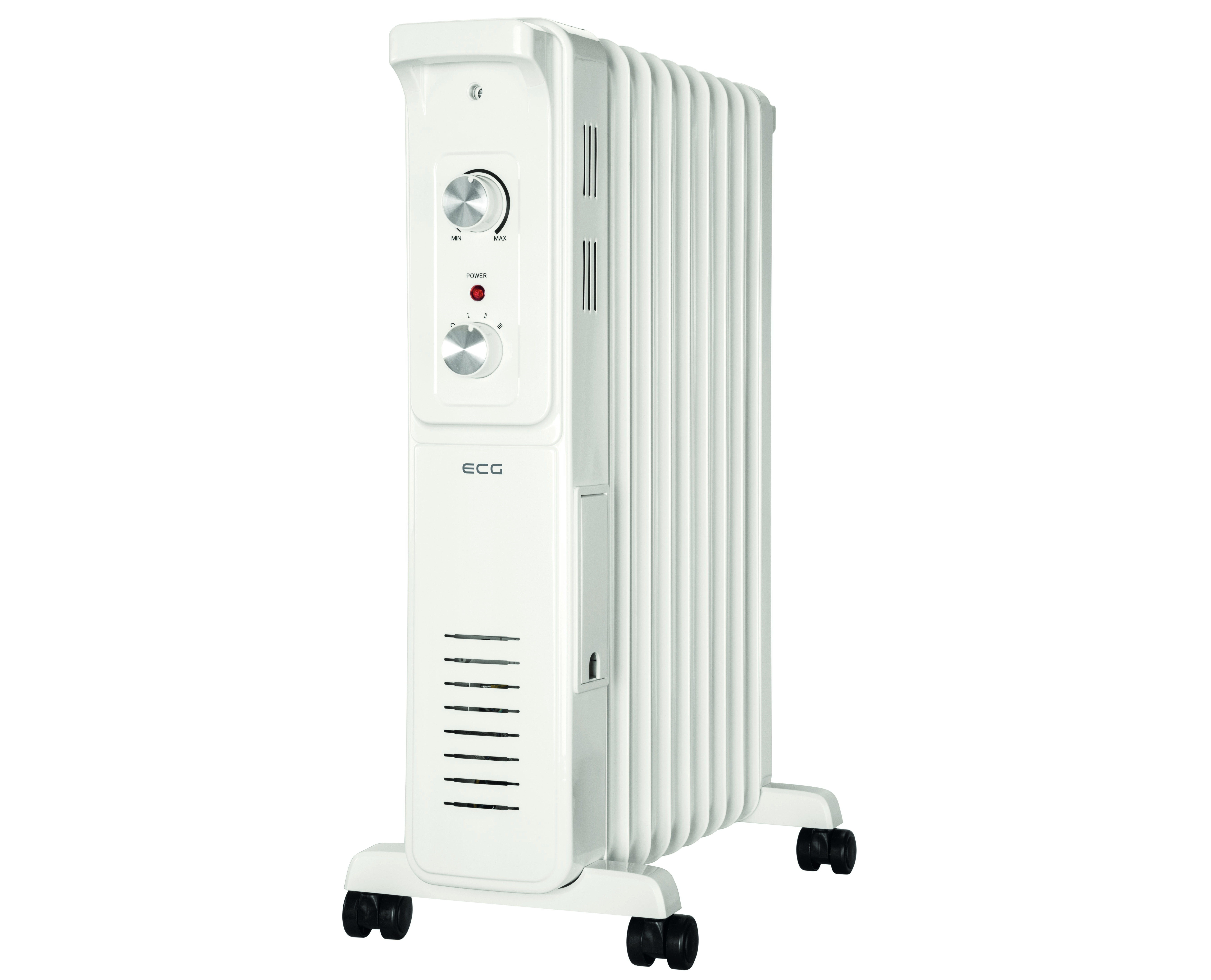 Biały elektryczny grzejnik żeberkowy z pokrętłami i czerwonym wskaźnikiem zasilania. Ma kółka.