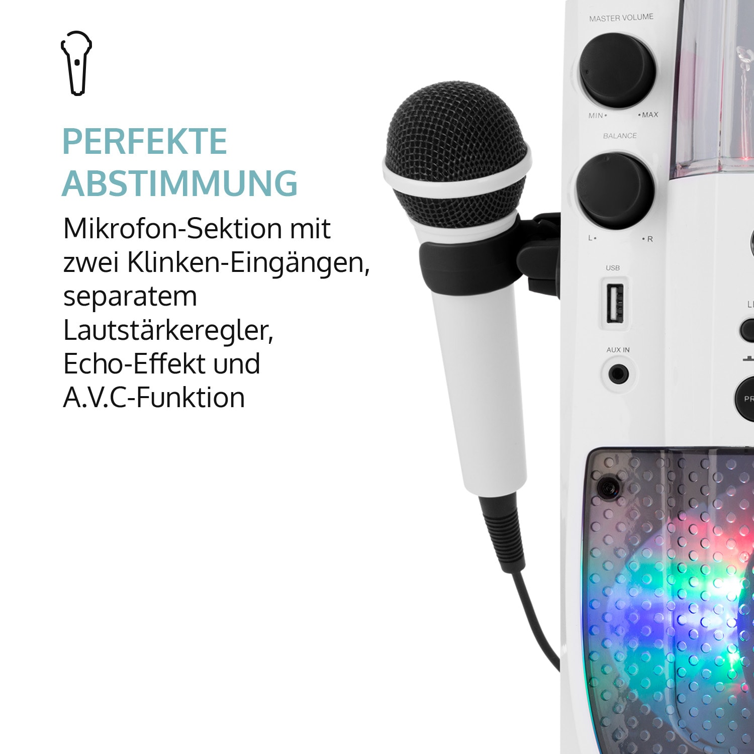 Weißes Mikrofon mit schwarzem Halter und Soundsystem mit Knöpfen und Lichtern rechts.