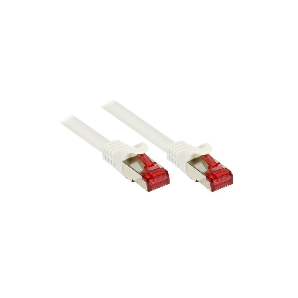 Zwei weiße Ethernet-Kabel mit roten Steckern. Die Stecker befinden sich am Ende der Kabel.