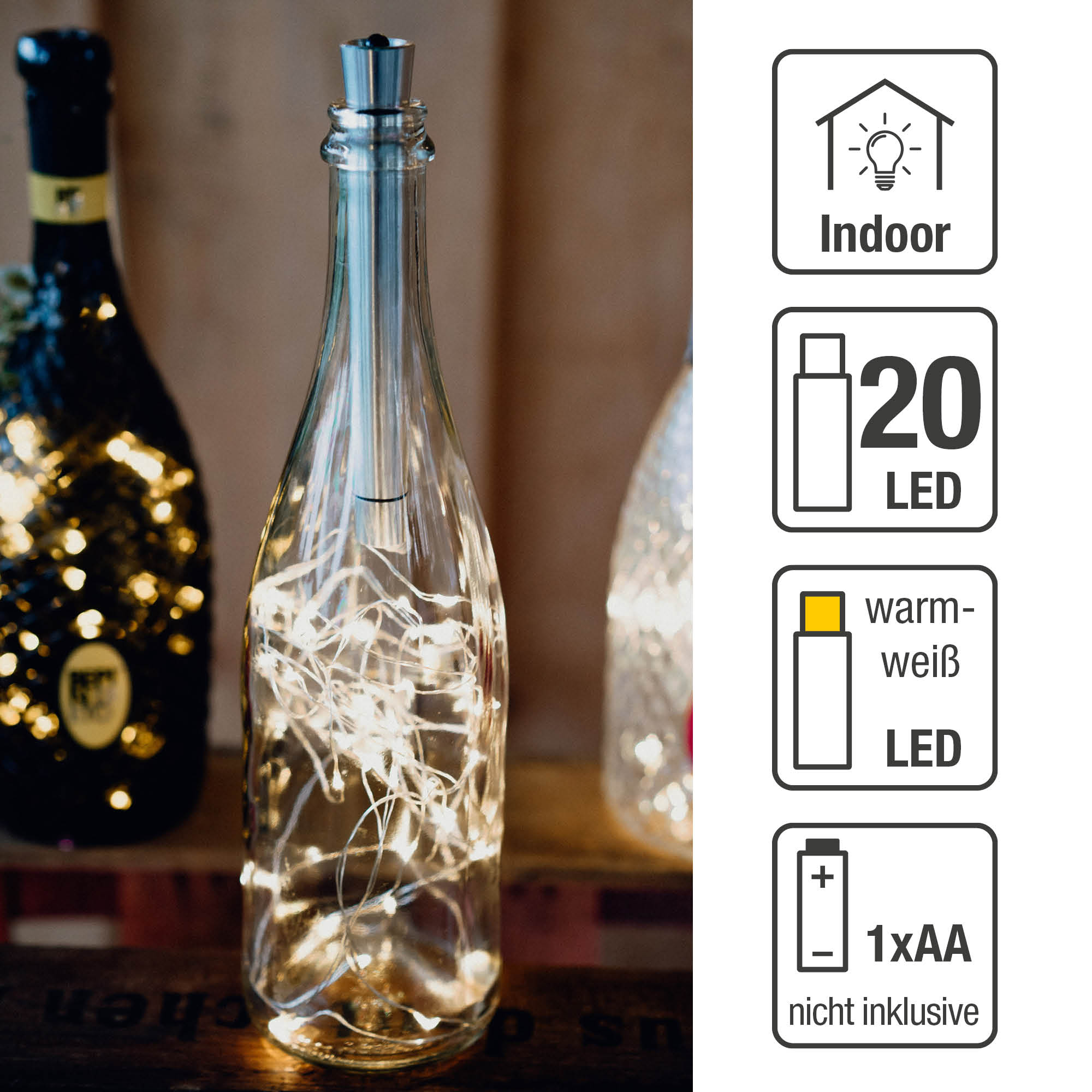 Klare Glasflasche mit Lichterketten. Icons zeigen Indoor, 20 LEDs, warmweiß, und 1xAA Batterie.