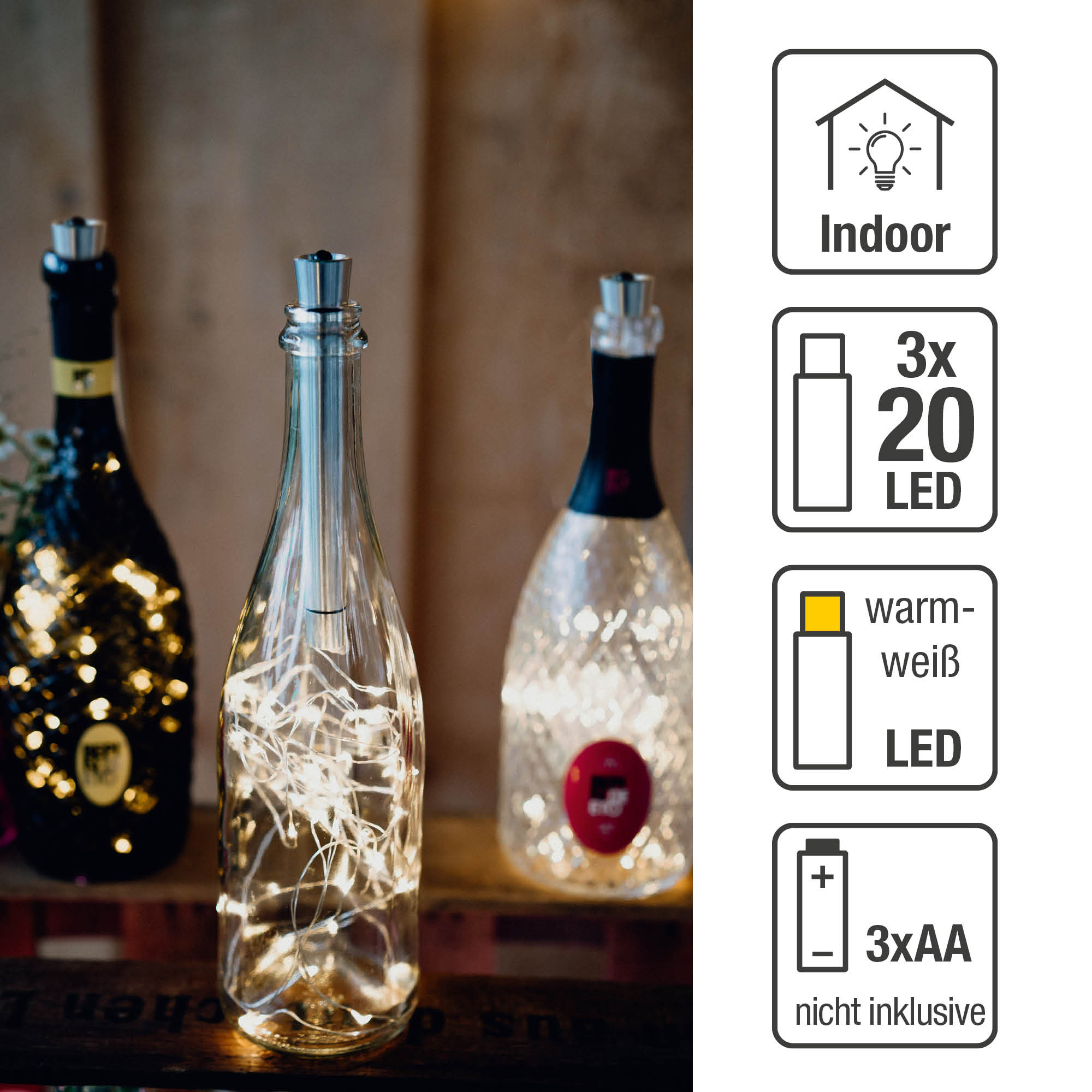 HELLUM LED Flaschenlichterkette, 20 Silber, Deko LEDs, 3er-Set warmweiß Lichterkette