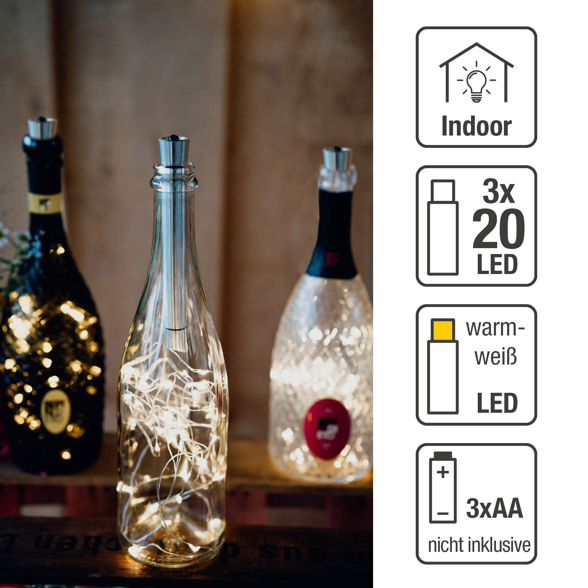 Drei Glasflaschen mit Lichterketten auf Holzoberfläche mit Symbolen.