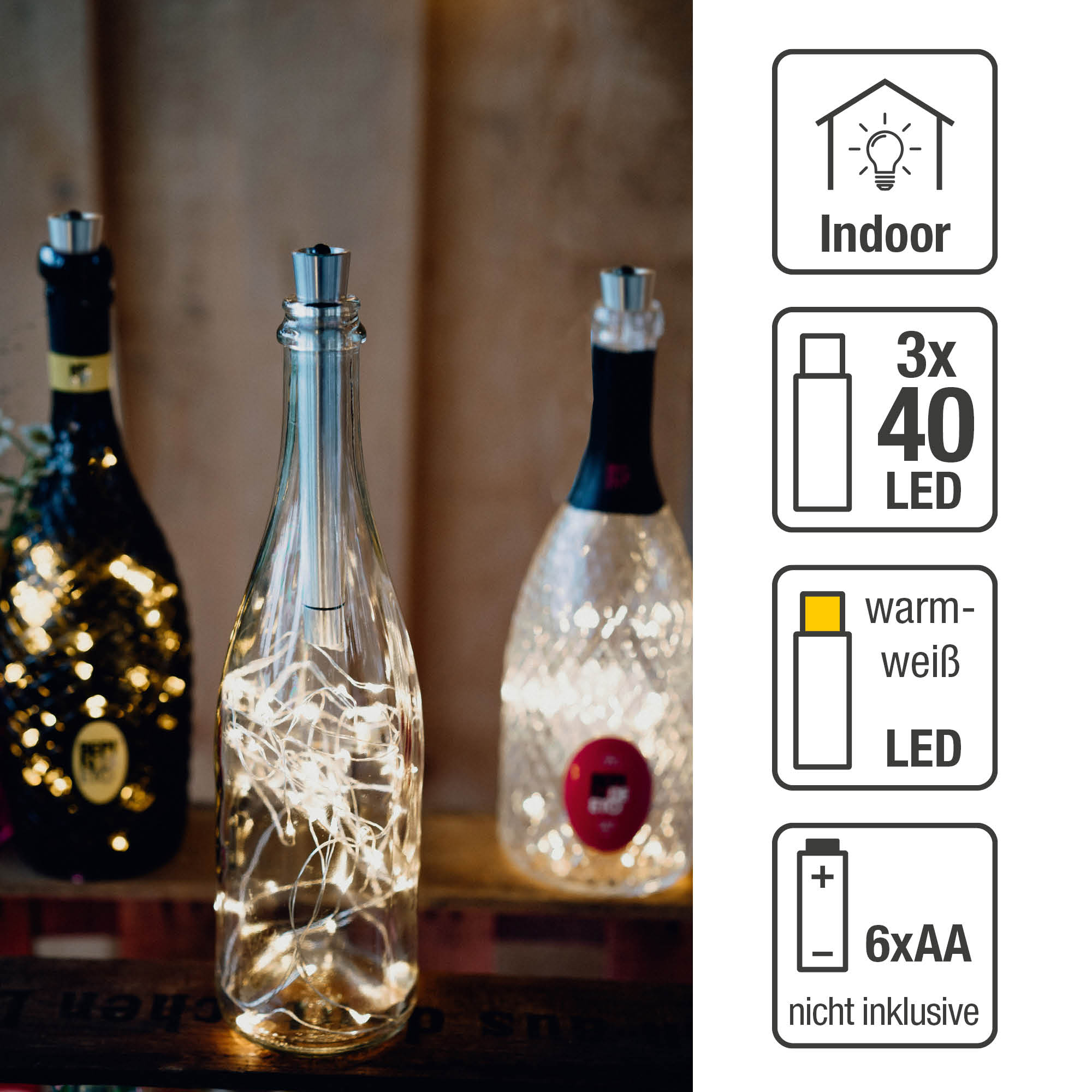 Drei Sektflaschen mit Lichterketten. Zwei haben Lichter drin. Info-Symbole in der Ecke.