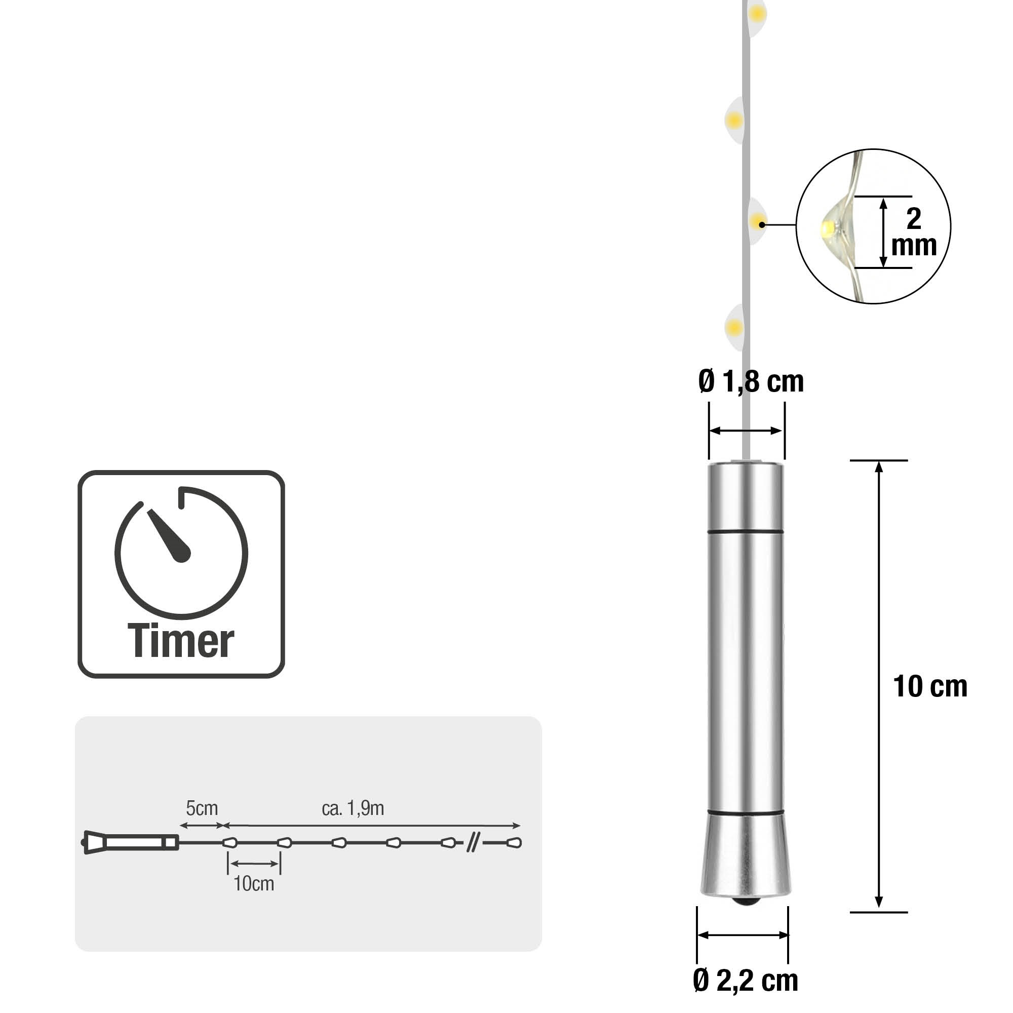 Eine silberne Lichterkette mit Timer und Maßangaben. Die Lichter sind LED-Lampen.