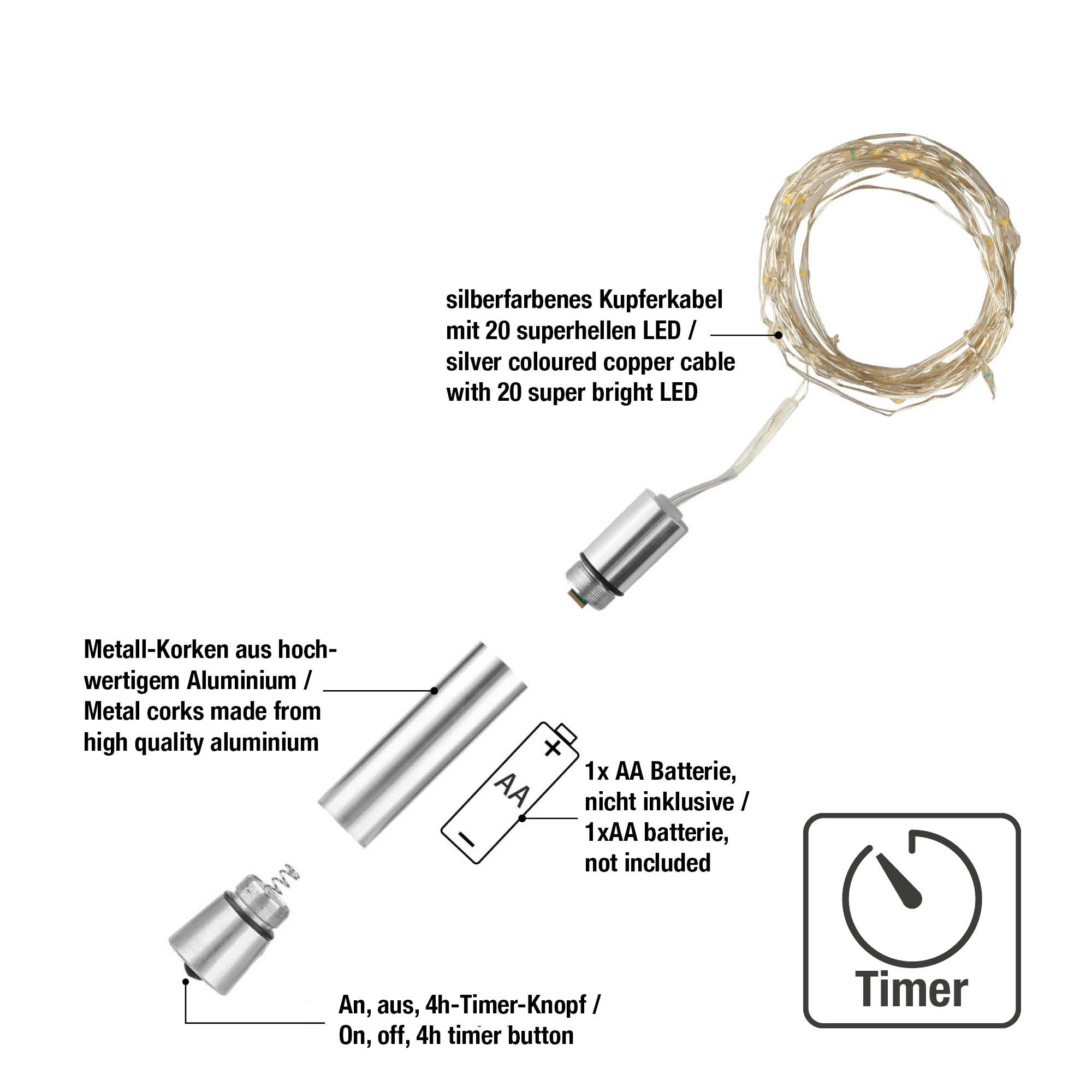 Lichterkette mit Timer, Batteriefach und silbernen Metallkorken. Weißer Hintergrund.