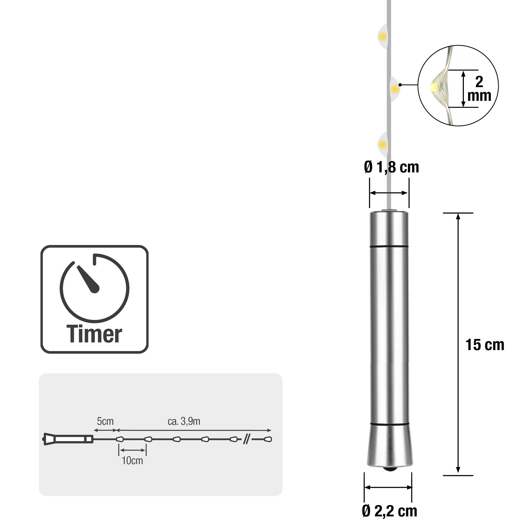 Silberne Lichterkette mit Diagramm, das Maße und Timer anzeigt.