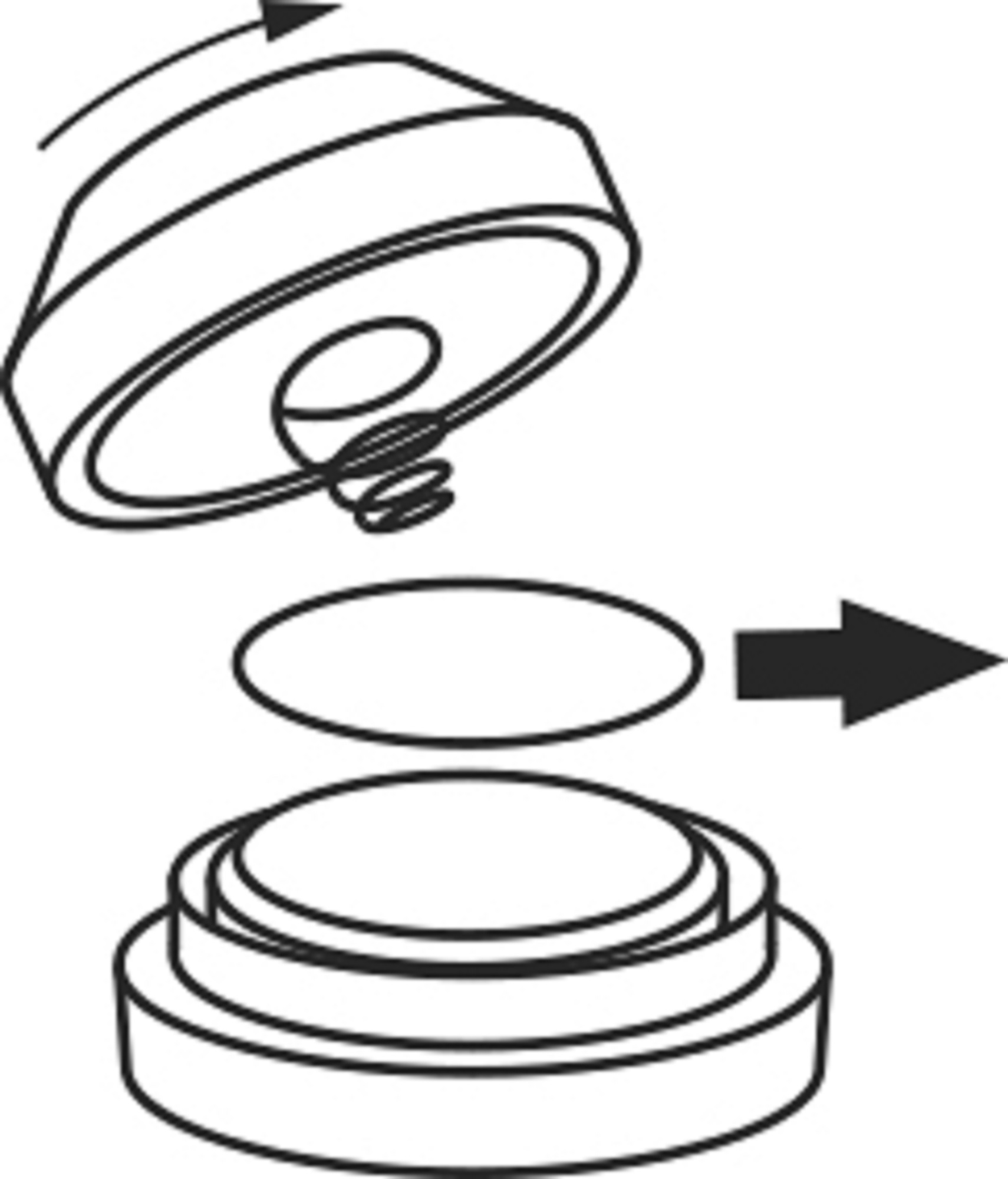 Diagramm der Produktmontage. Ein oberer Teil wird auf eine Basis geschraubt. Pfeil zeigt den Prozess.