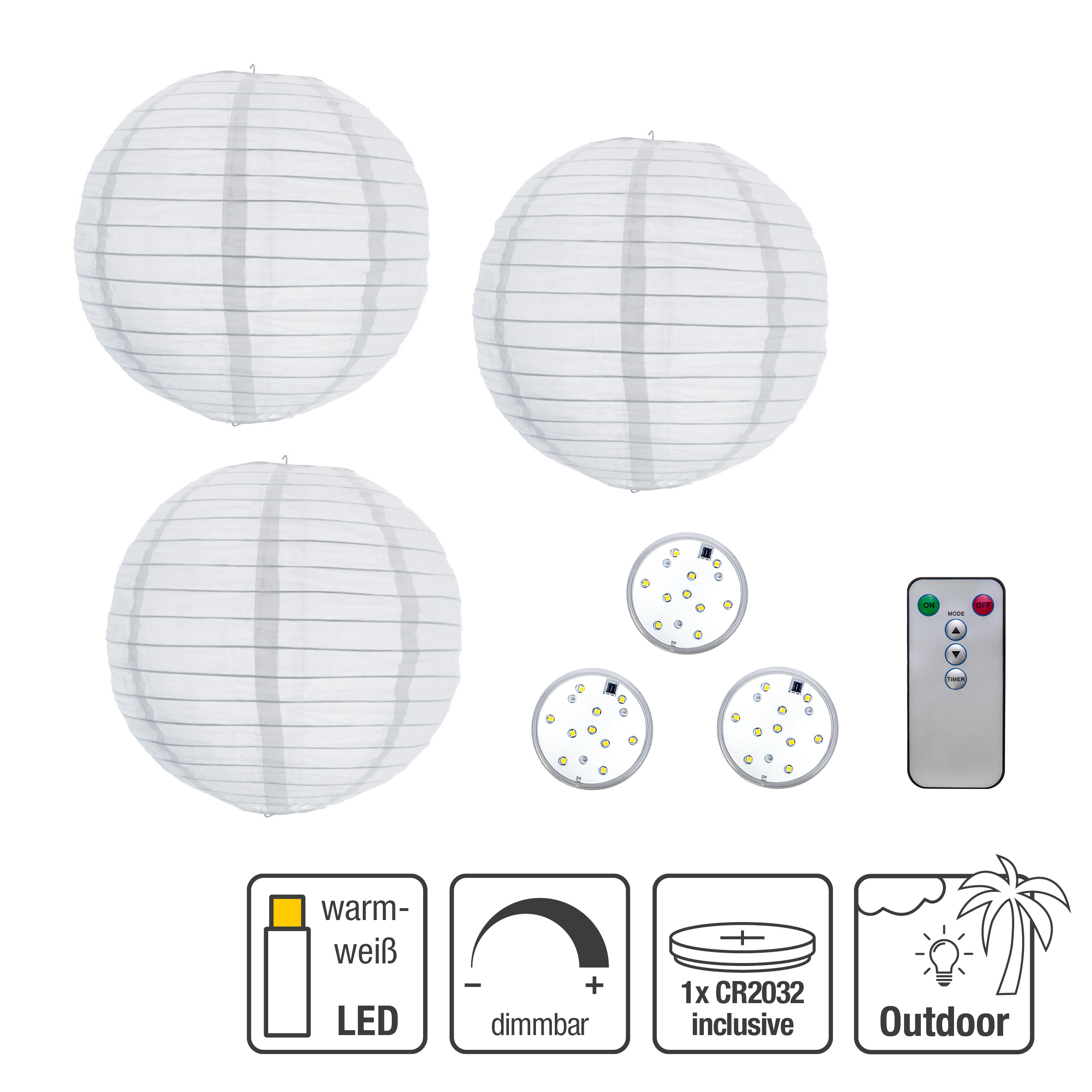 Vier weiße Papierlaternen, drei LED-Leuchten und eine Fernbedienung. Text: LED, dimmbar, Outdoor.