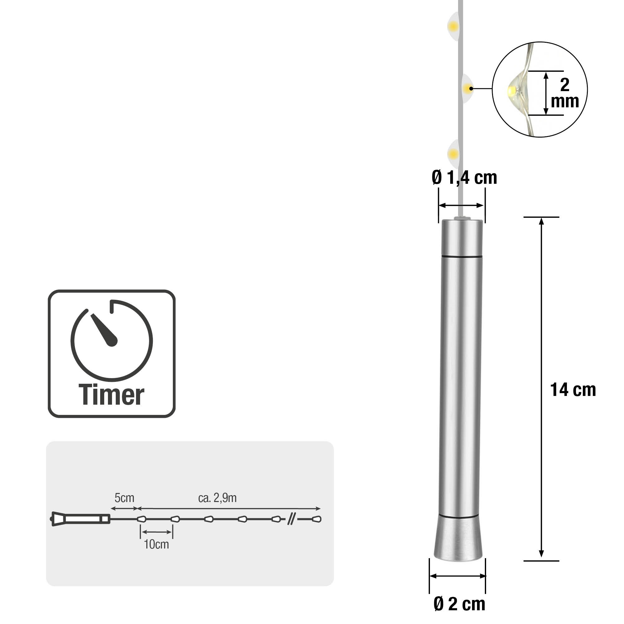 Silberne Lichterkette. Enthält einen Timer und Abmessungen. Weißer Hintergrund.