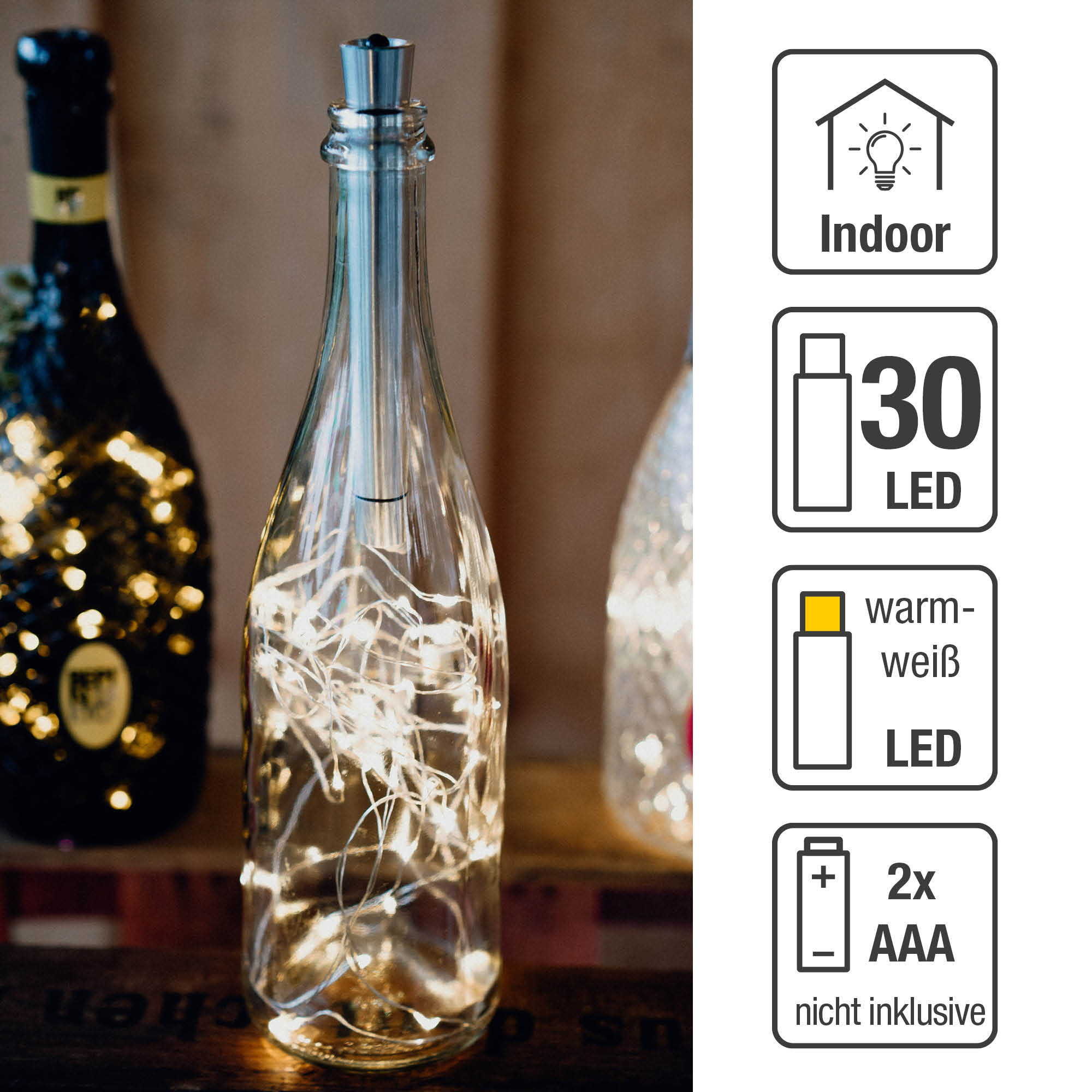 Eine klare Glasflasche mit Lichtern, Icons für Innenbereich, 30 LEDs und warmweiße LEDs.