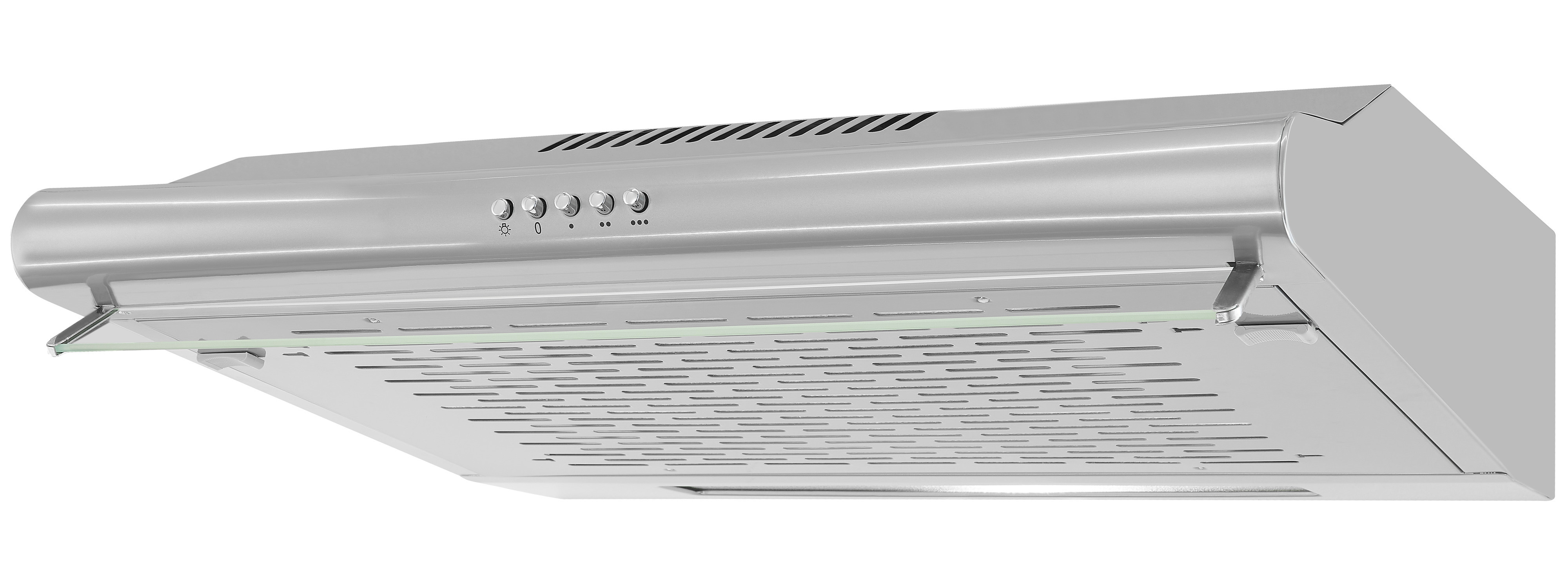 Campana extractora de acero inoxidable con botones de control y panel de vidrio.