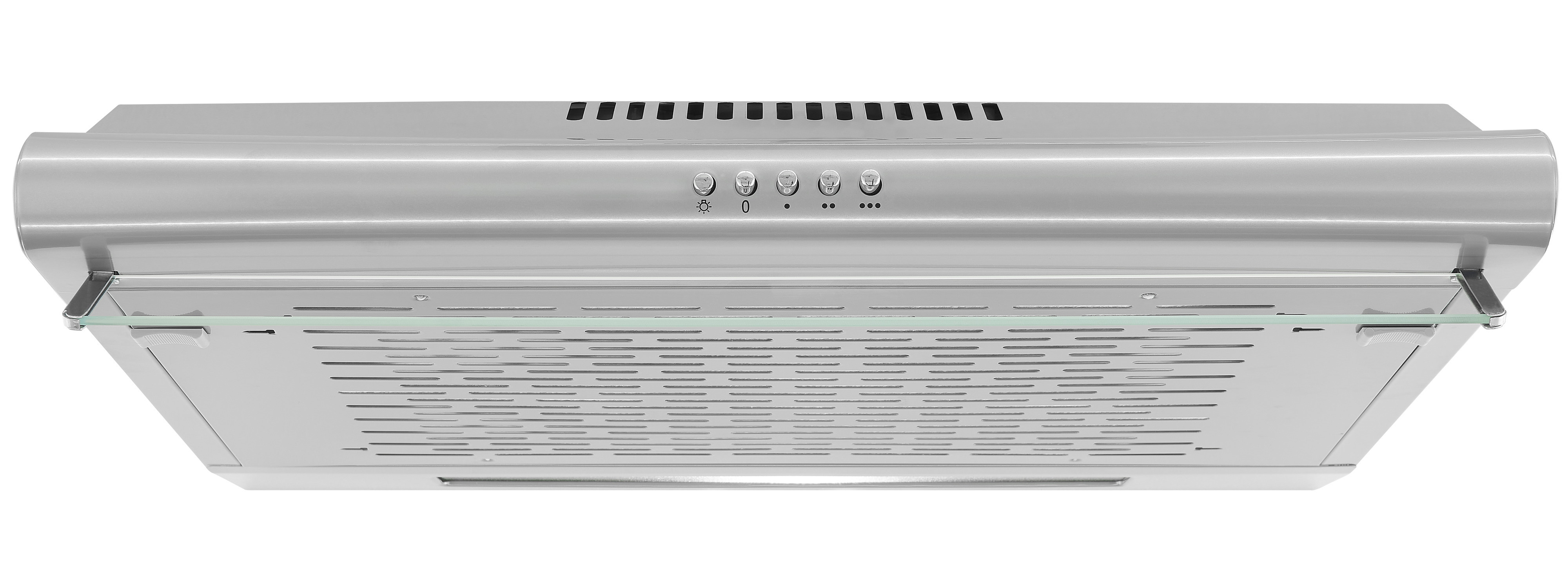 Campana extractora plateada con botones de control y ranuras de ventilación. Panel de cristal debajo.