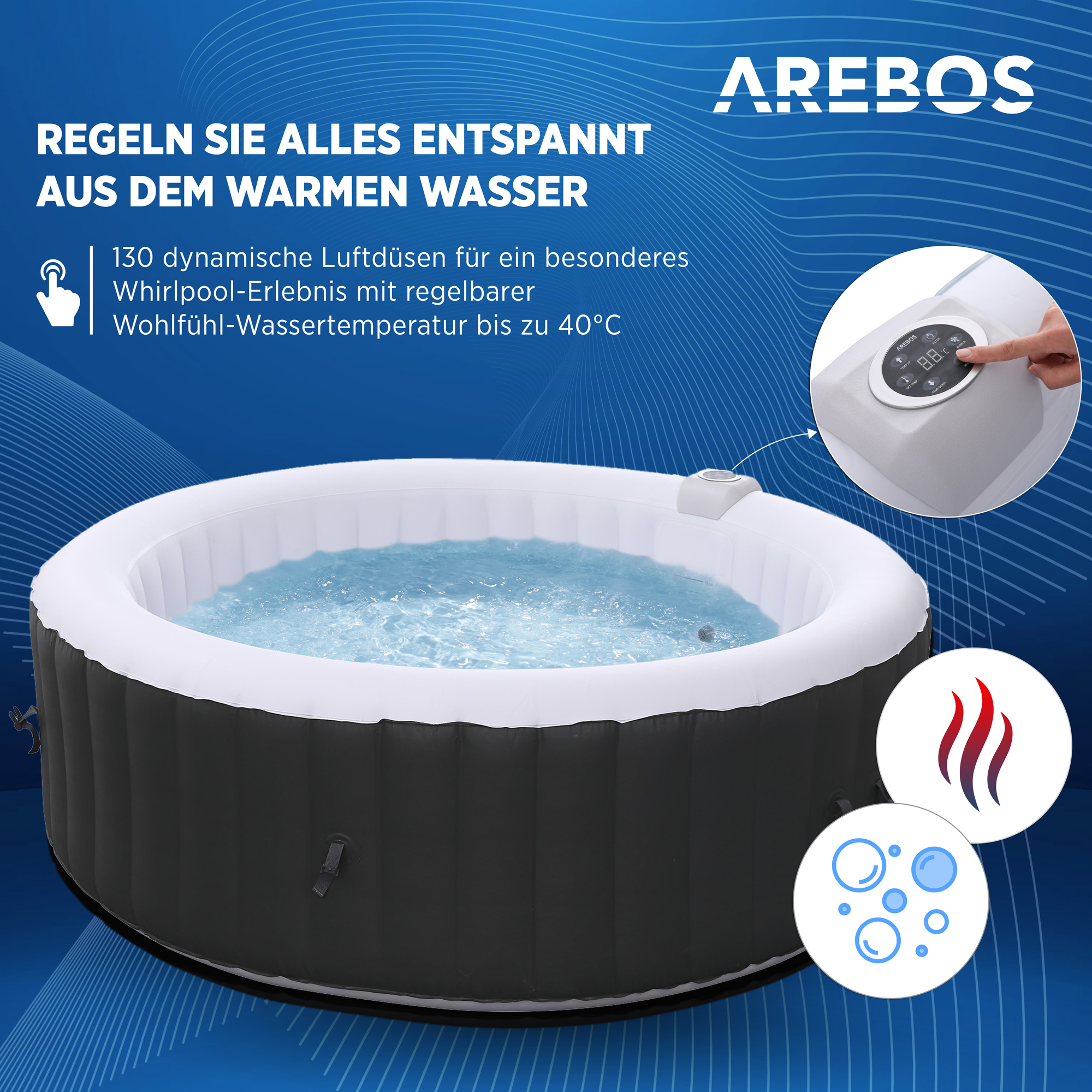Aufblasbarer Whirlpool mit Blasen- und Dampfgrafiken. Blauer Hintergrund.