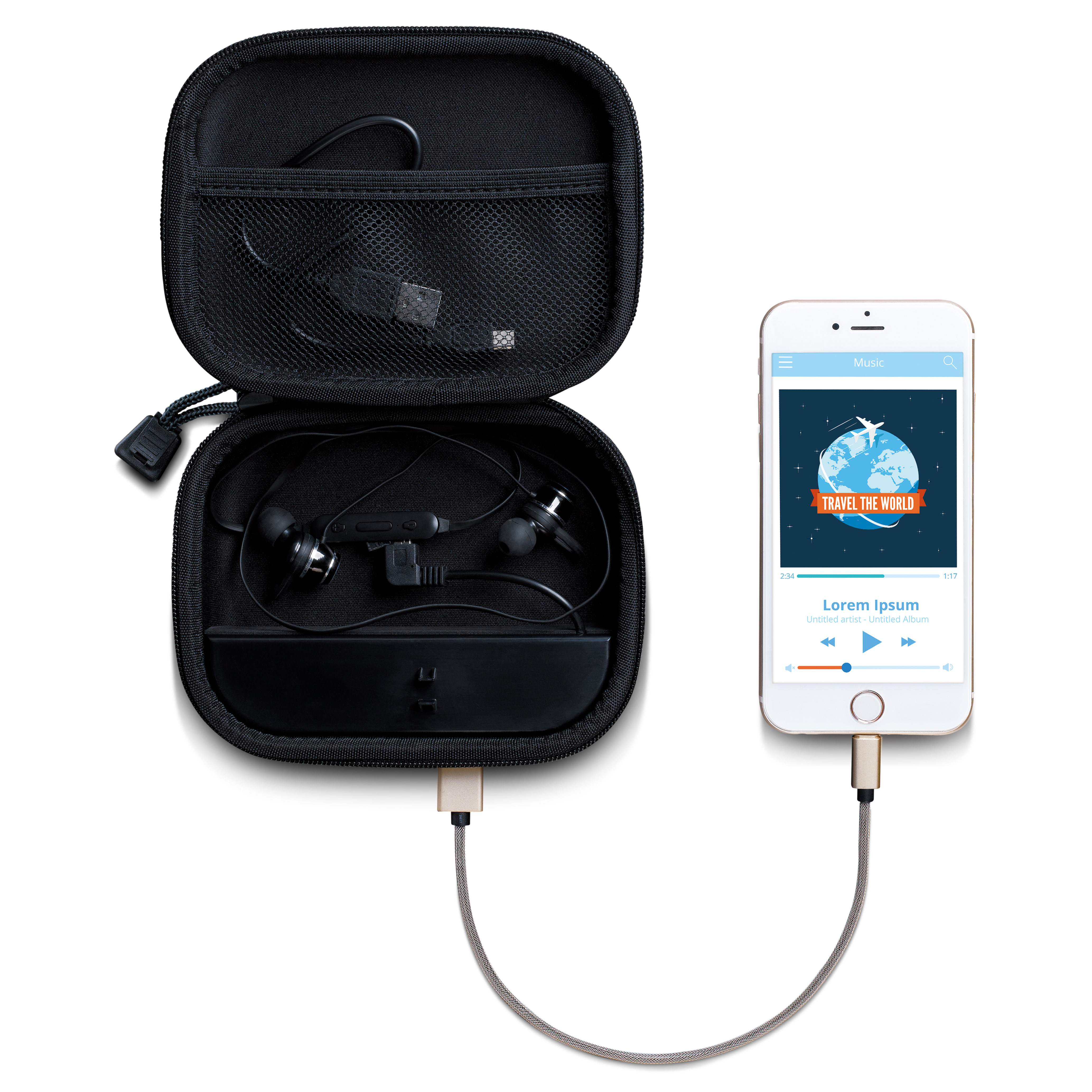 Oortelefoons in een zwarte hoes, verbonden met een telefoon die een muziek-app weergeeft met een albumhoes met reisthema.