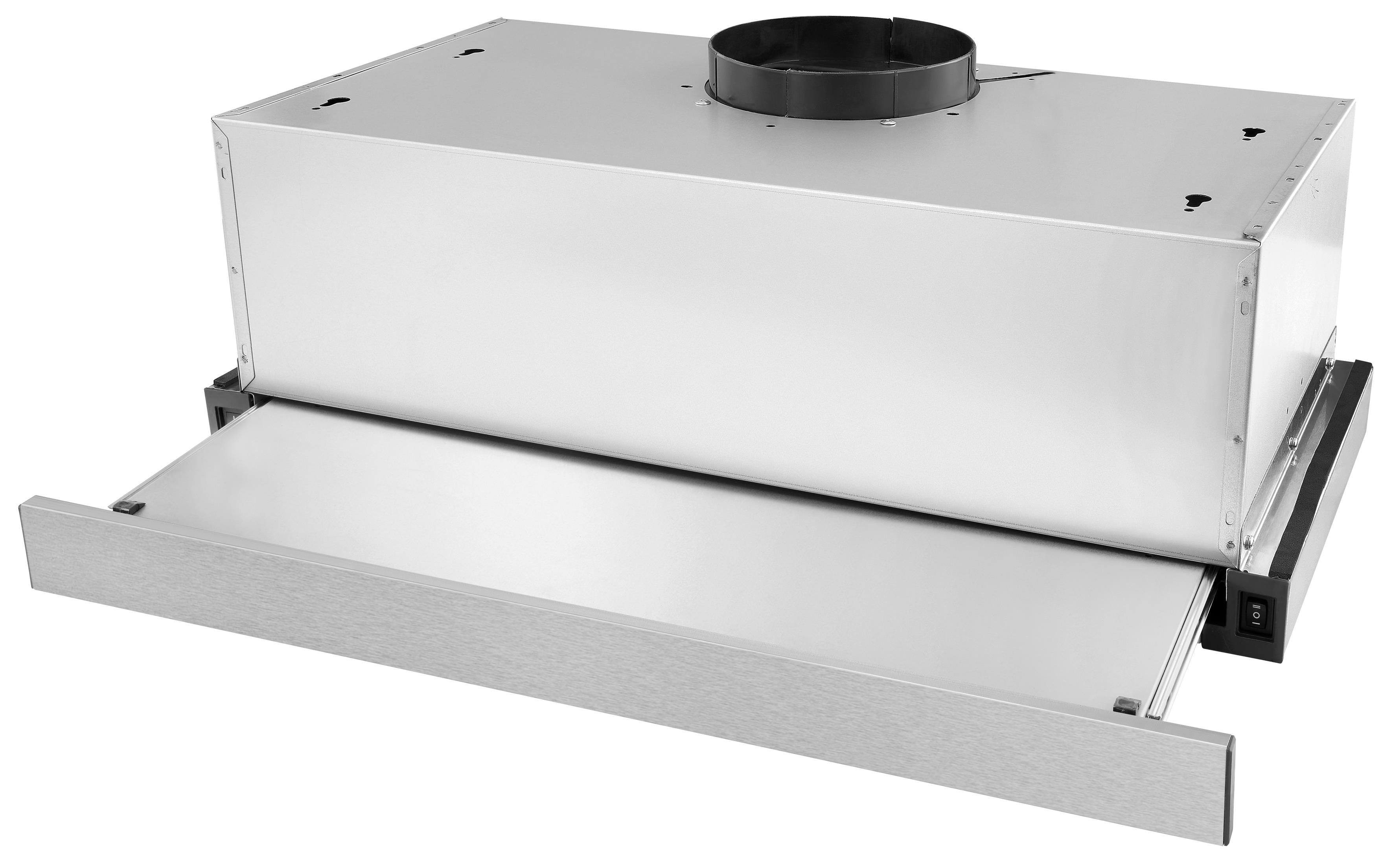 Campana extractora de acero inoxidable con panel desplegable, mostrando interior e interruptor.