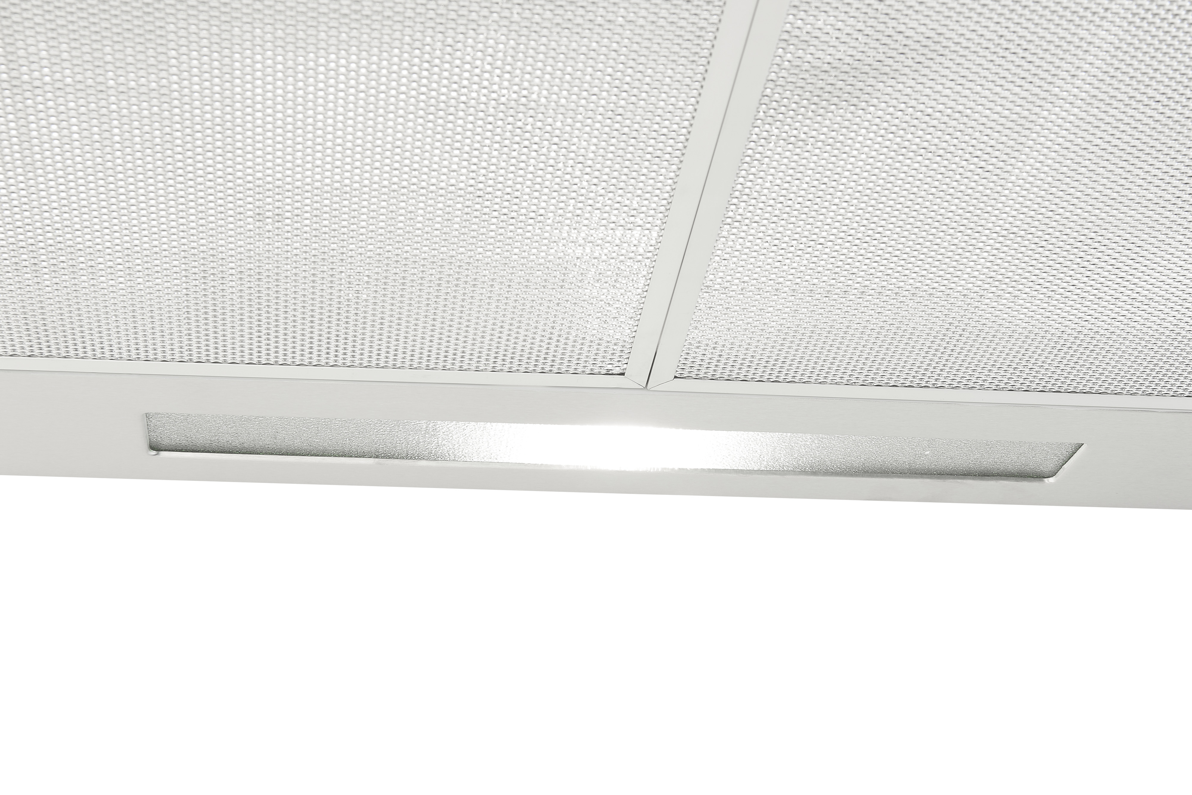 Nahaufnahme einer weißen Dunstabzugshaube mit einem Netzfilter und einem Licht.