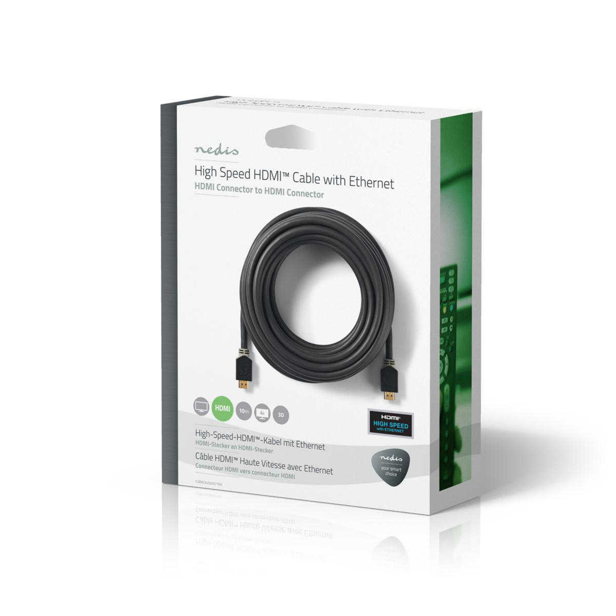 Karton einer schwarzen HDMI-Kabels mit weißem Text. Das Kabel ist in der Mitte aufgerollt. Weißer Hintergrund.