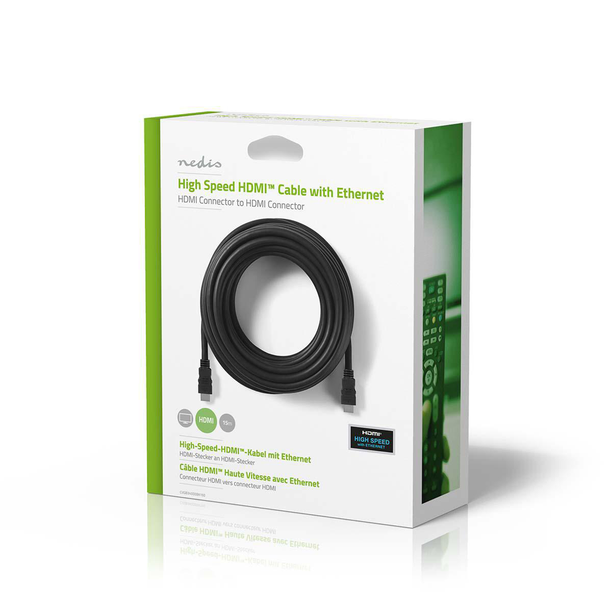 Een witte doos met een zwarte HDMI-kabel erin opgerold. Tekst op de doos beschrijft het product.