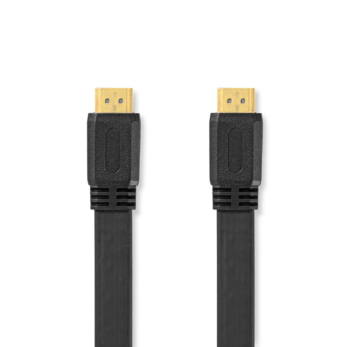 Zwei schwarze HDMI-Kabel mit goldenen Steckern liegen auf weißem Untergrund.
