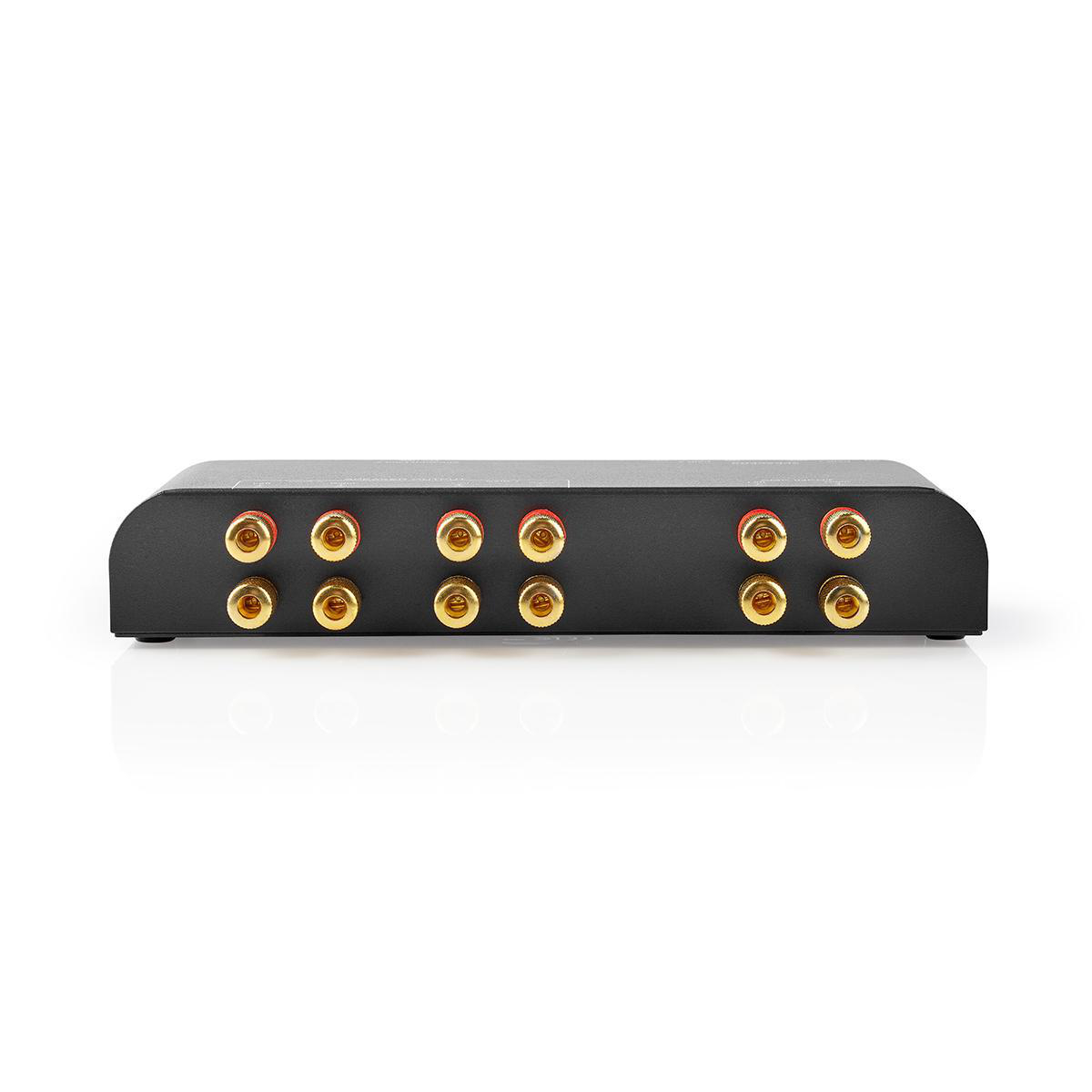 Ein schwarzer AV-Receiver mit roten und goldenen Anschlüssen. Weißer Hintergrund.