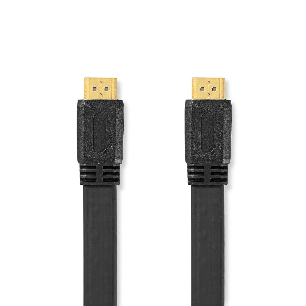 Zwei schwarze HDMI-Kabel mit Steckern, vor weißem Hintergrund. Sie liegen flach.