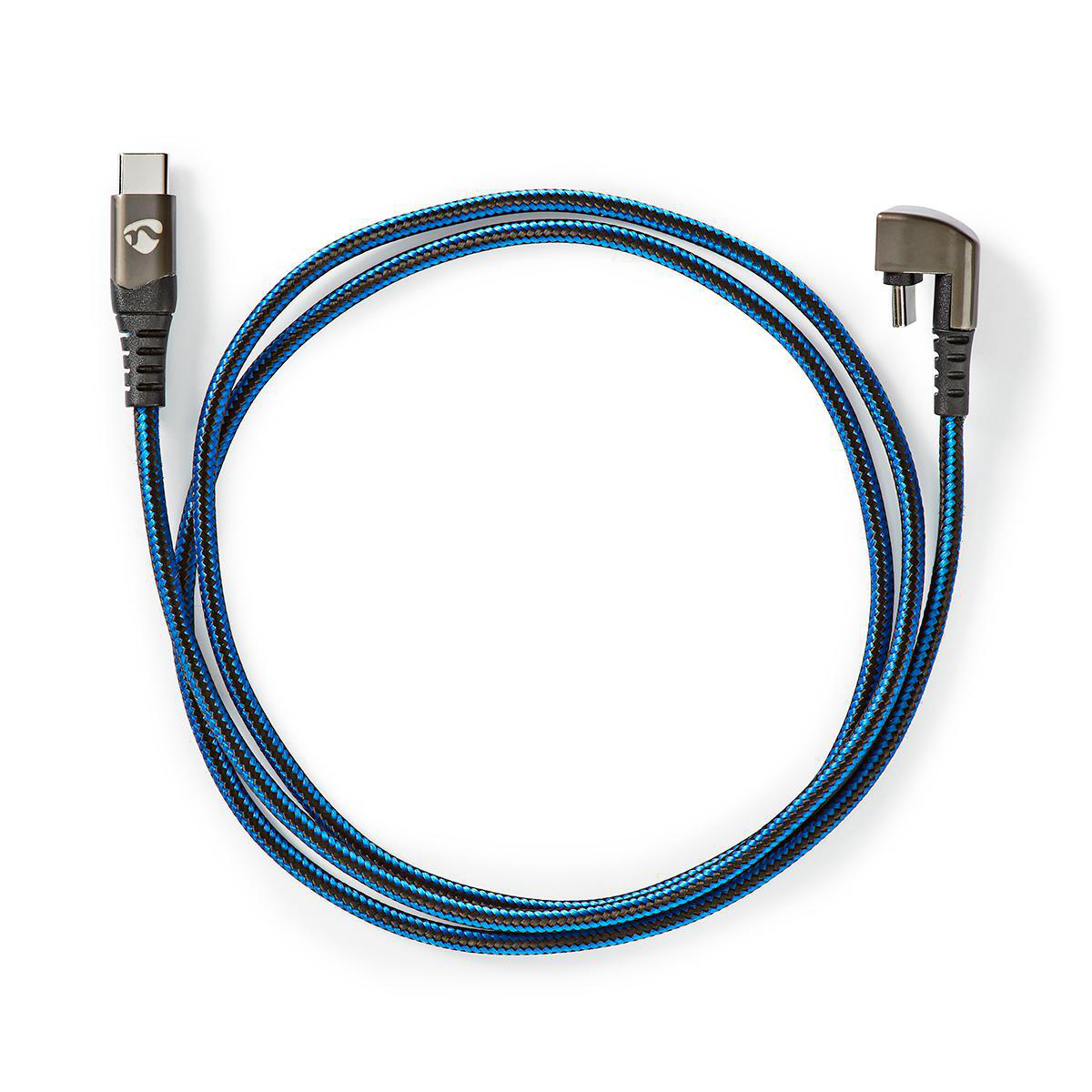 Cavo USB-C intrecciato blu e nero, a forma di cerchio. Connettore grigio a destra.