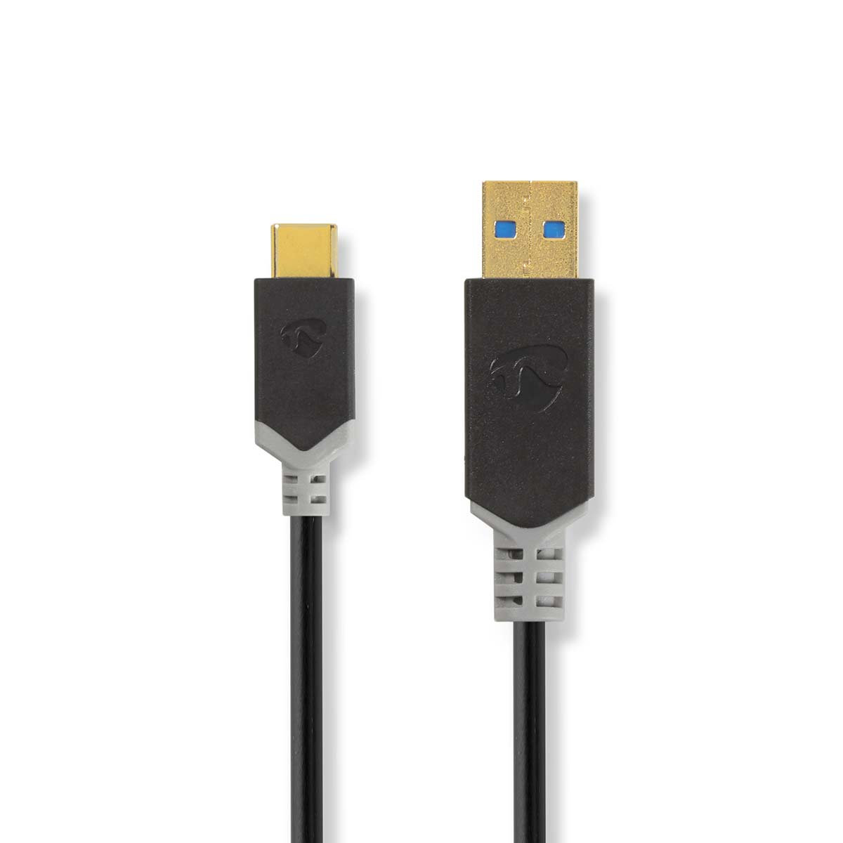 Black and gray USB-C to USB-A cable, lying on a white surface. Connectors are at each end.
