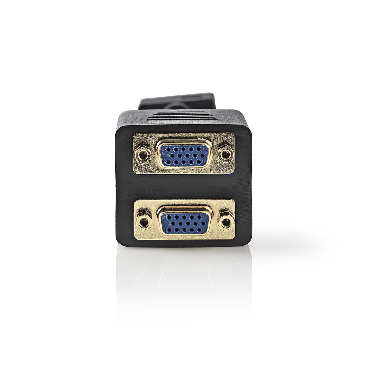 Schwarzer VGA-Adapter mit zwei Steckern, blaue Stifte.