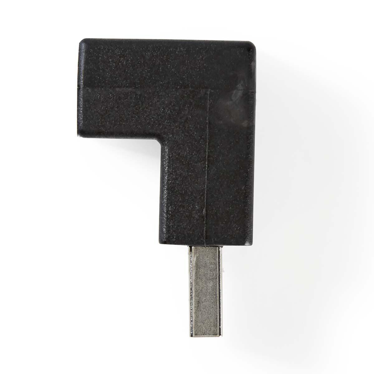 Een zwarte USB-adapter. Het heeft een haakse vormgeving met een USB-connector.