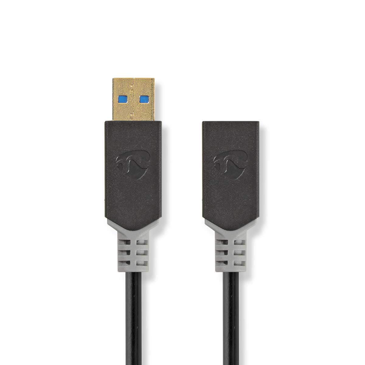 Un cavo USB nero e grigio con connettori su entrambe le estremità.
