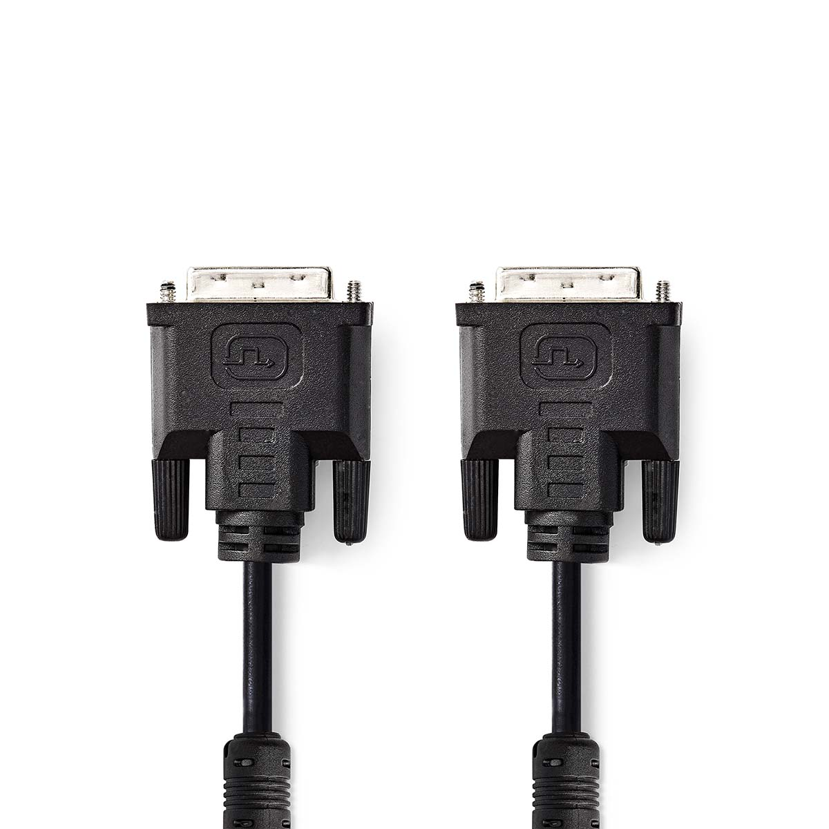 Zwei schwarze DVI-Kabel mit Steckern, isoliert auf weißem Hintergrund.