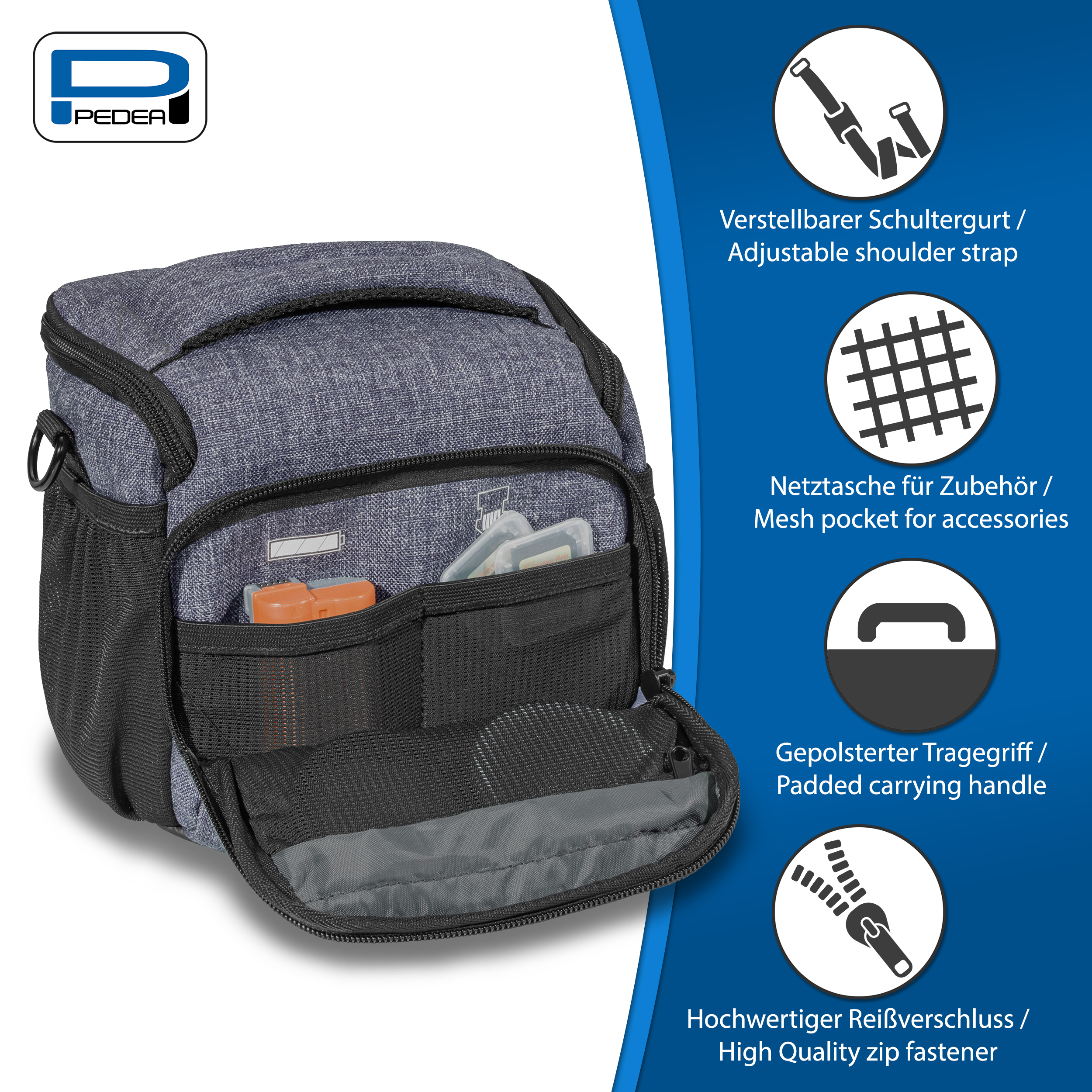 Ein grauer Rucksack mit schwarzen Netztaschen und einem Griff. Text im Bild beschreibt die Funktionen.