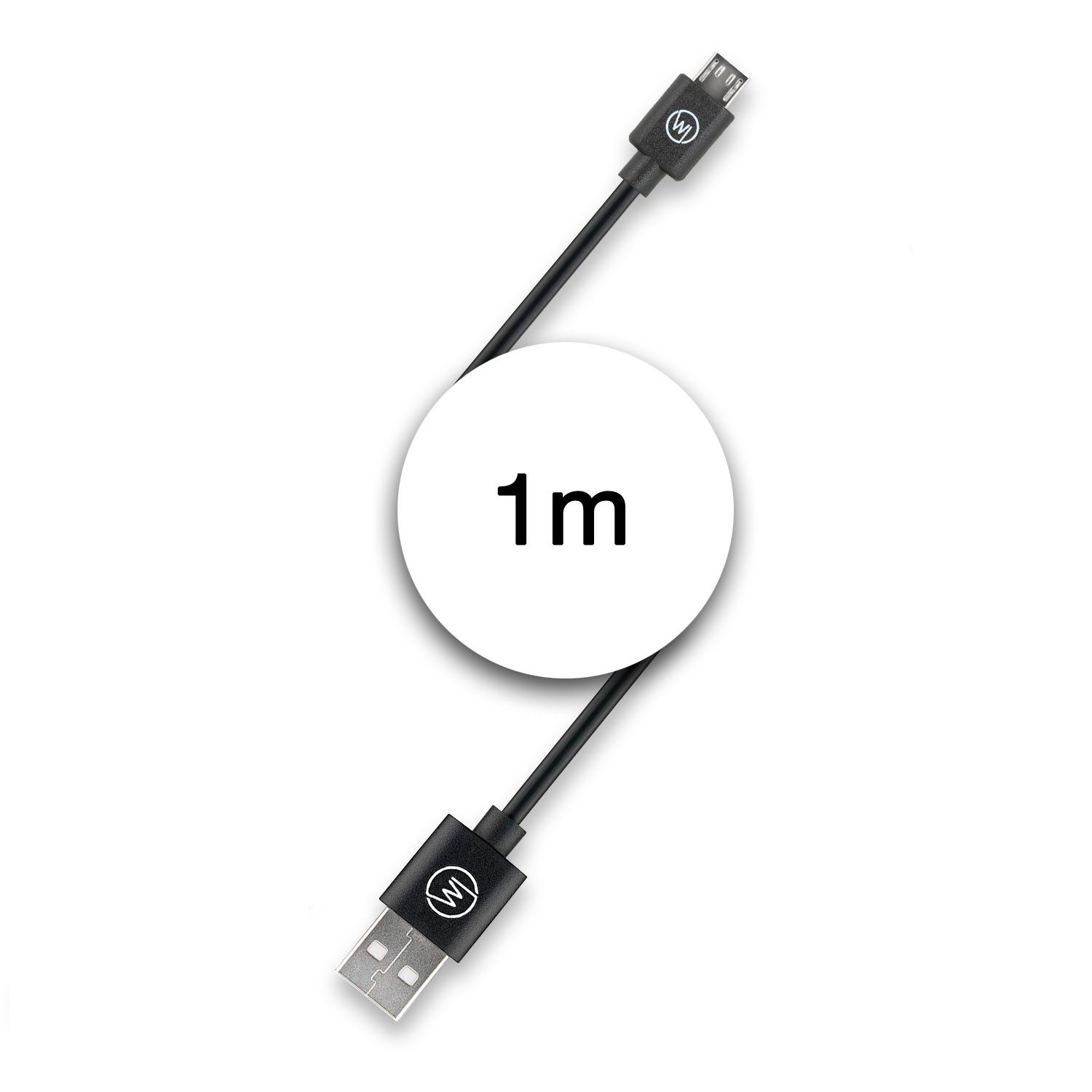 Schwarzes und weißes 1m USB-zu-Micro-USB-Kabel, mit weißem Kreis, der die Länge anzeigt.