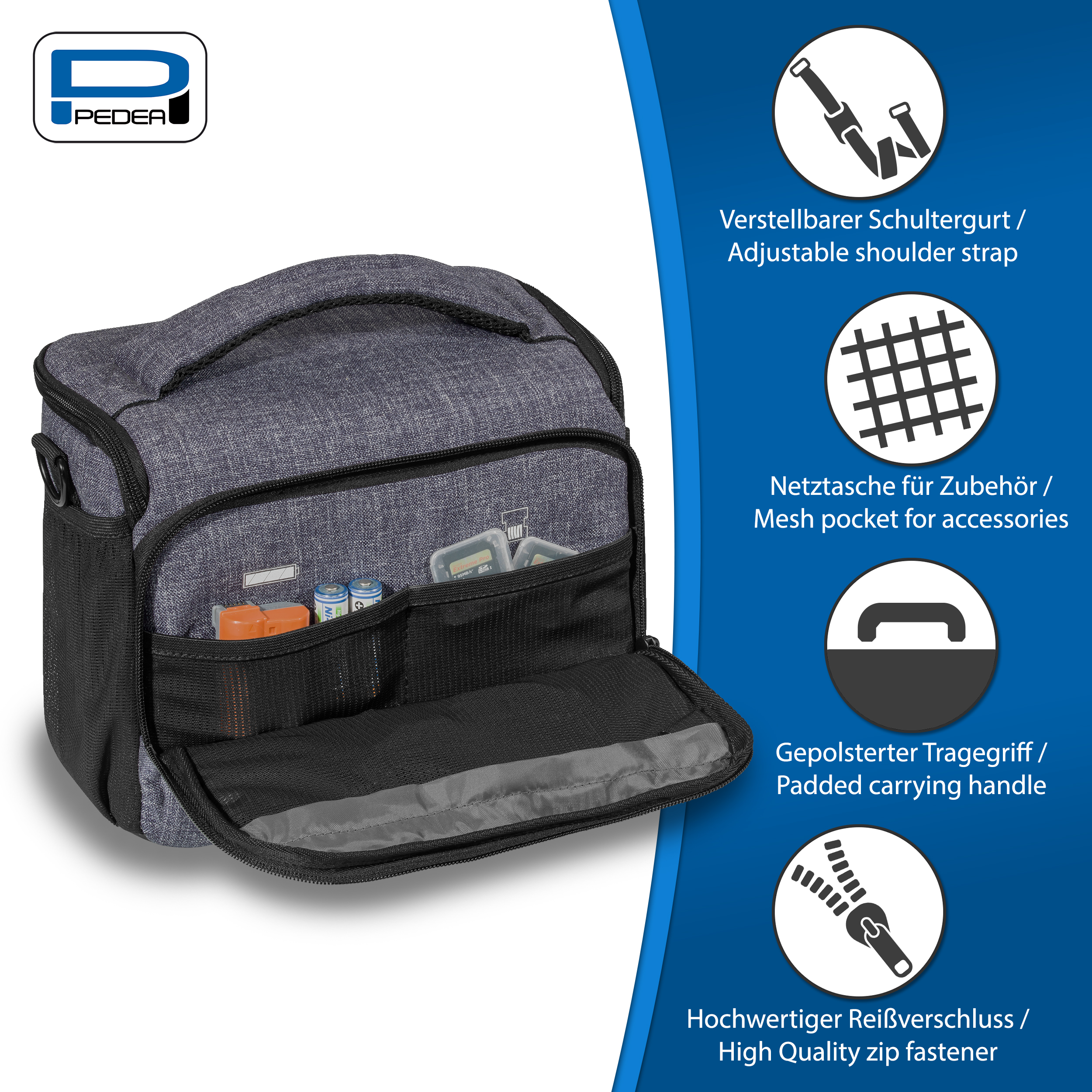 Graue Tasche mit Taschen und Schultergurt. Textbeschriftungen mit Merkmalen. Blauer Hintergrund.