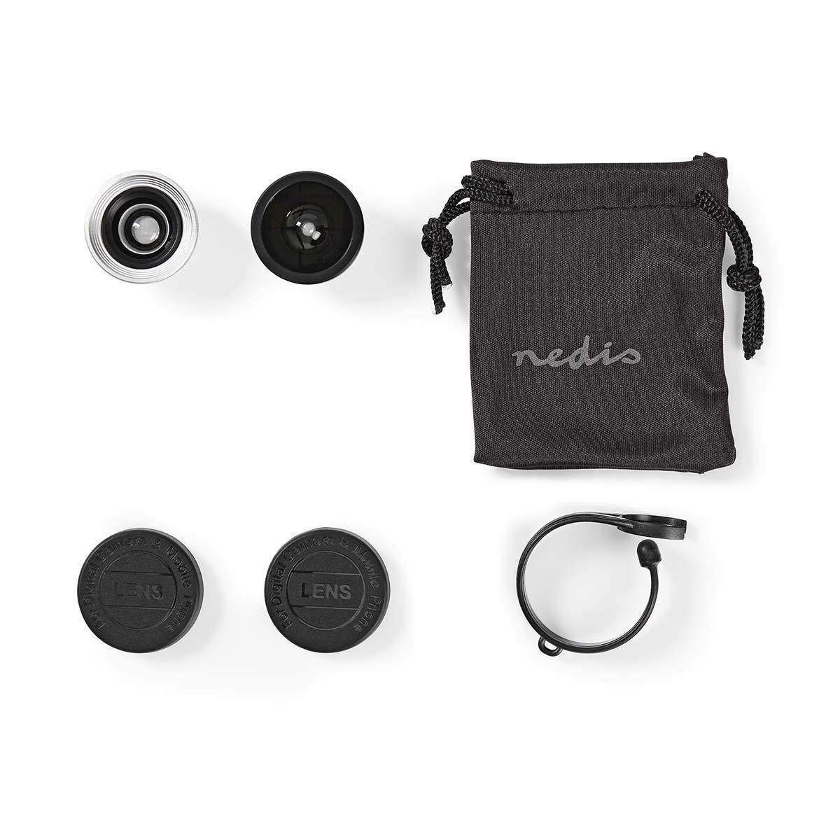 Ein Satz Kameralinsen mit Objektivdeckeln und einer schwarzen Tasche. Die Objektivdeckel tragen das Wort LENS.