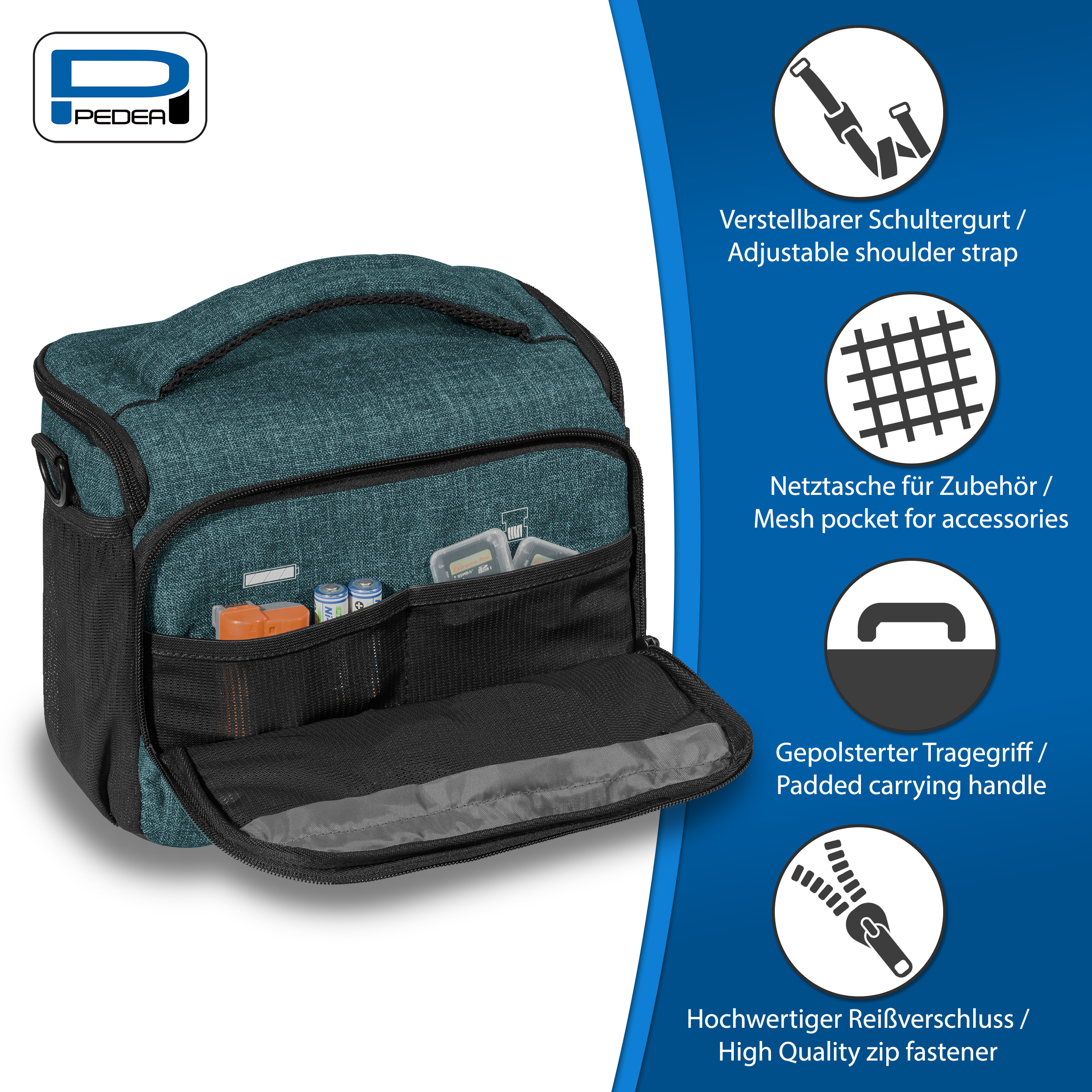 Türkisfarbene Lunchtasche mit schwarzen Akzenten, mit Taschen und Griff, mit Produktdetails.