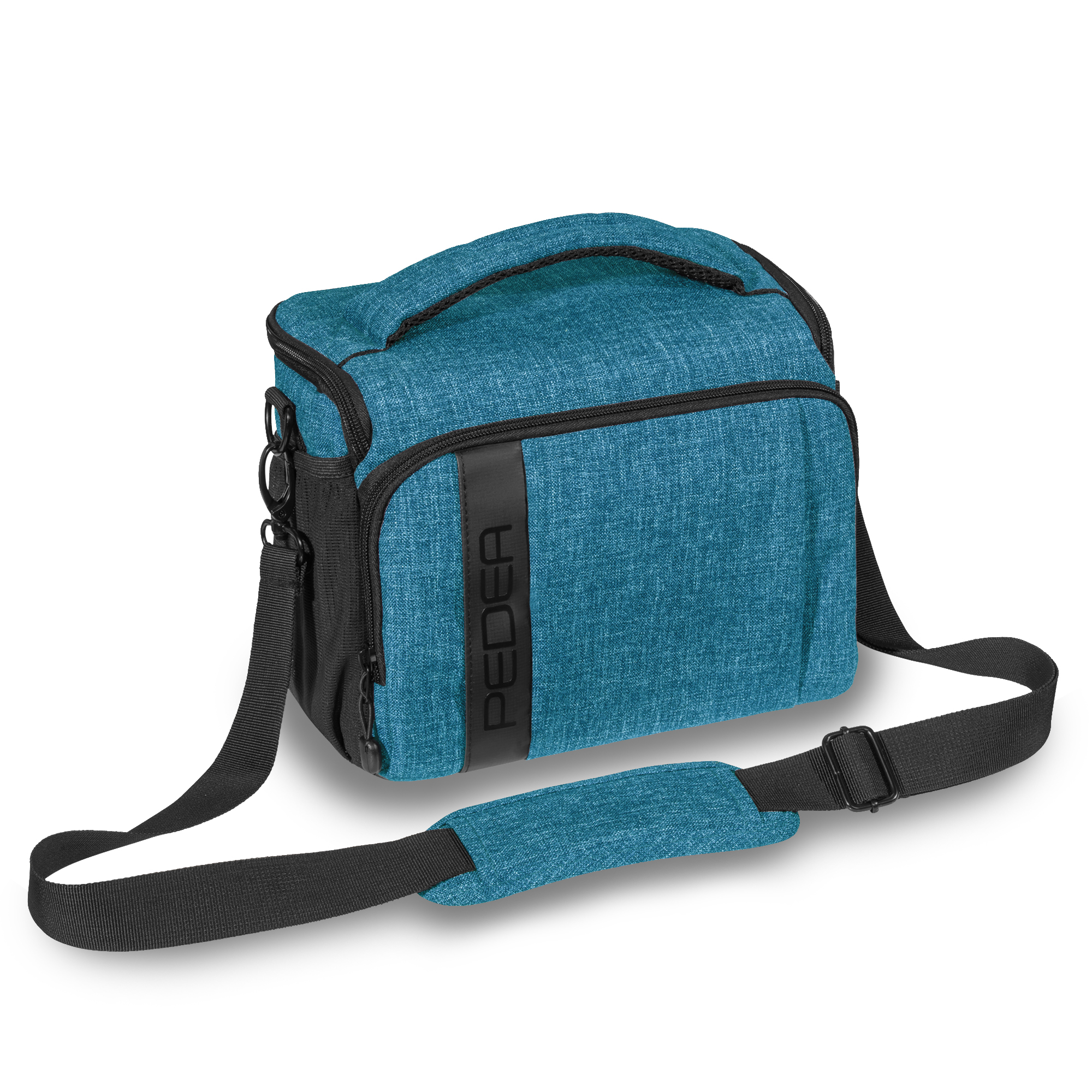 Blaue Kameratasche mit schwarzem Schultergurt. Die Tasche hat einen schwarzen Reißverschluss und ein Logo.
