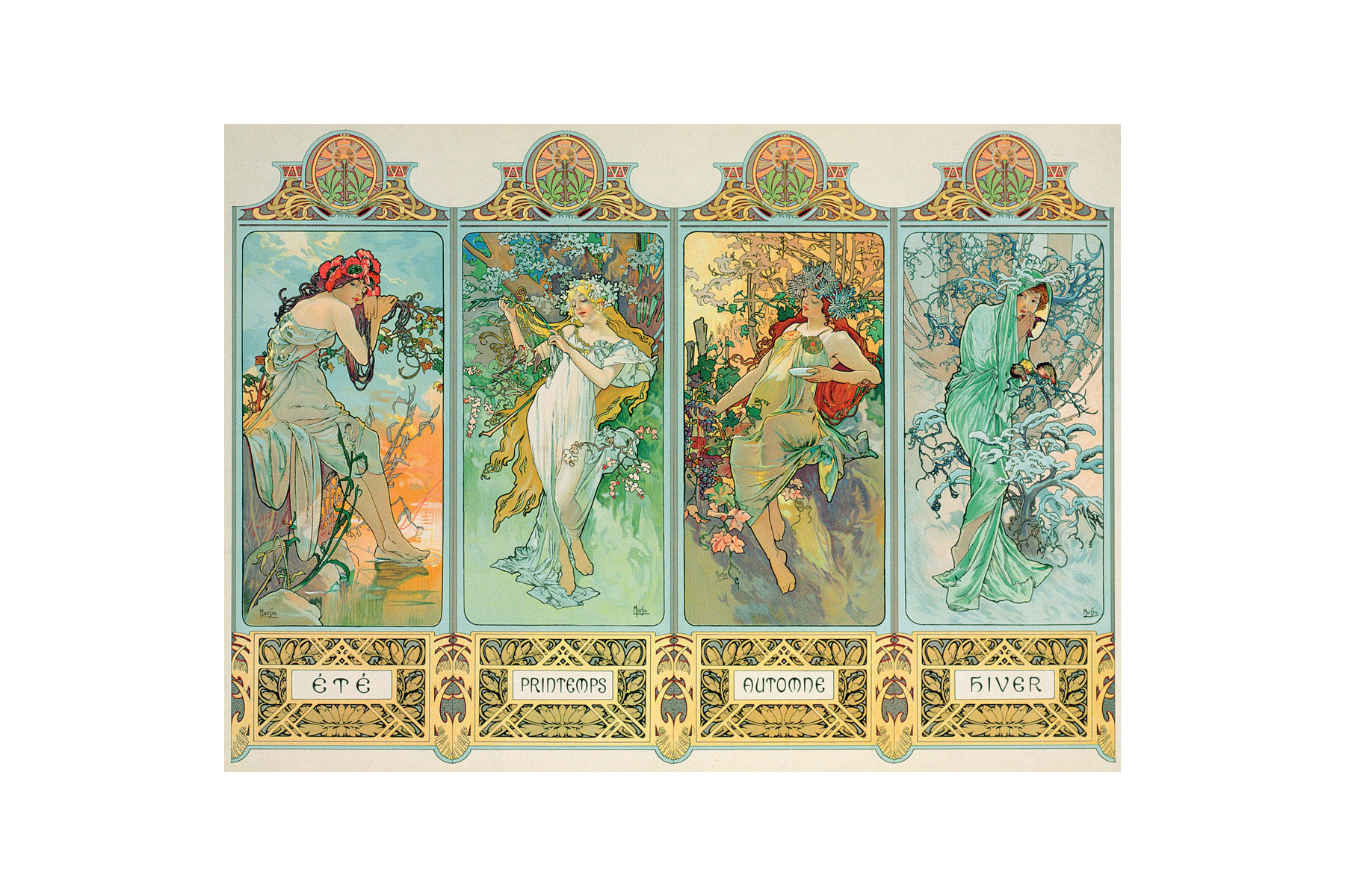 Kunstwerk im Jugendstil, das die vier Jahreszeiten darstellt: Sommer, Frühling, Herbst und Winter.