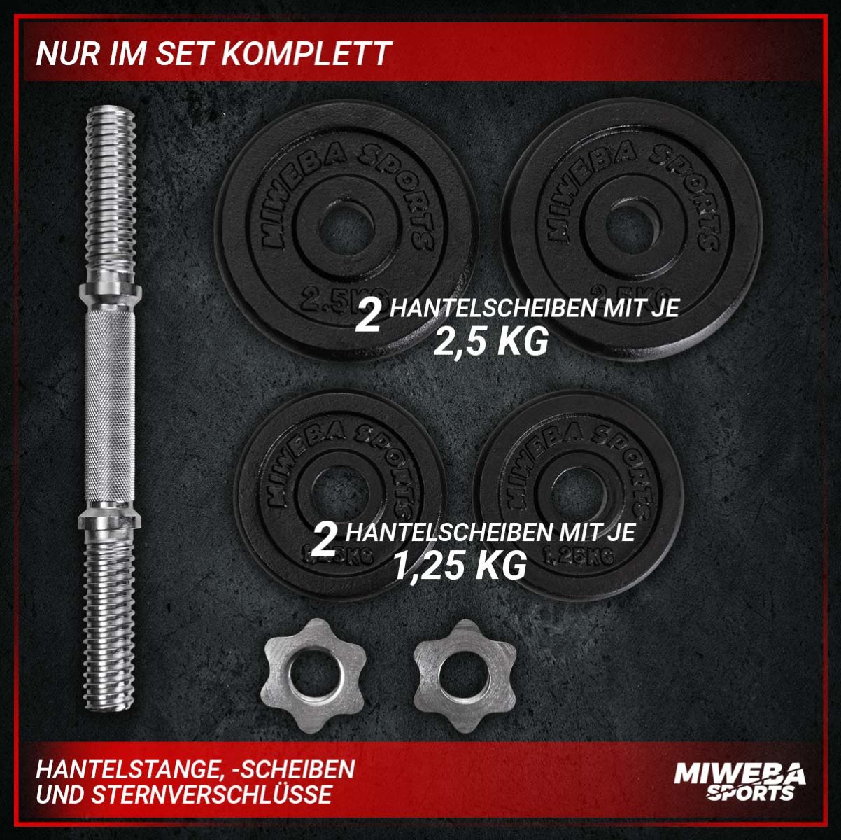 Hantel-Set mit Langhantel, Scheiben und Verschlüssen. Es befindet sich auf schwarzem Hintergrund.