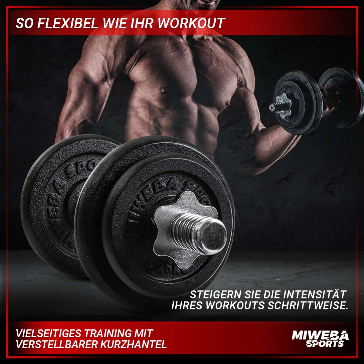 Mann hebt Gewichte im Fitnessstudio. Text: Vielseitiges Training mit verstellbaren Kurzhanteln.