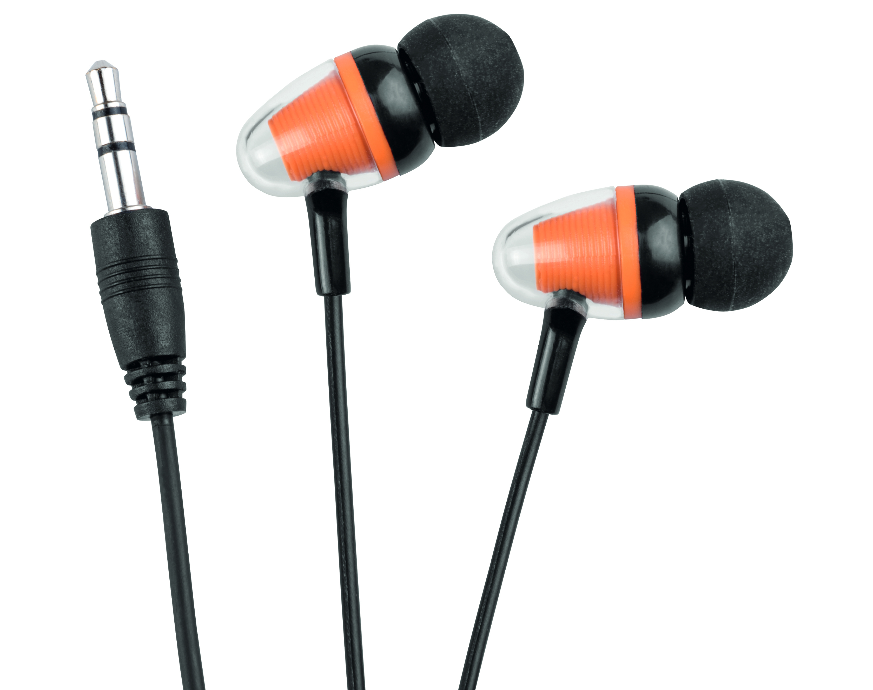 Kopfhörer mit schwarzen und orangenen Details, 3,5-mm-Klinkenstecker. Weißer Hintergrund.